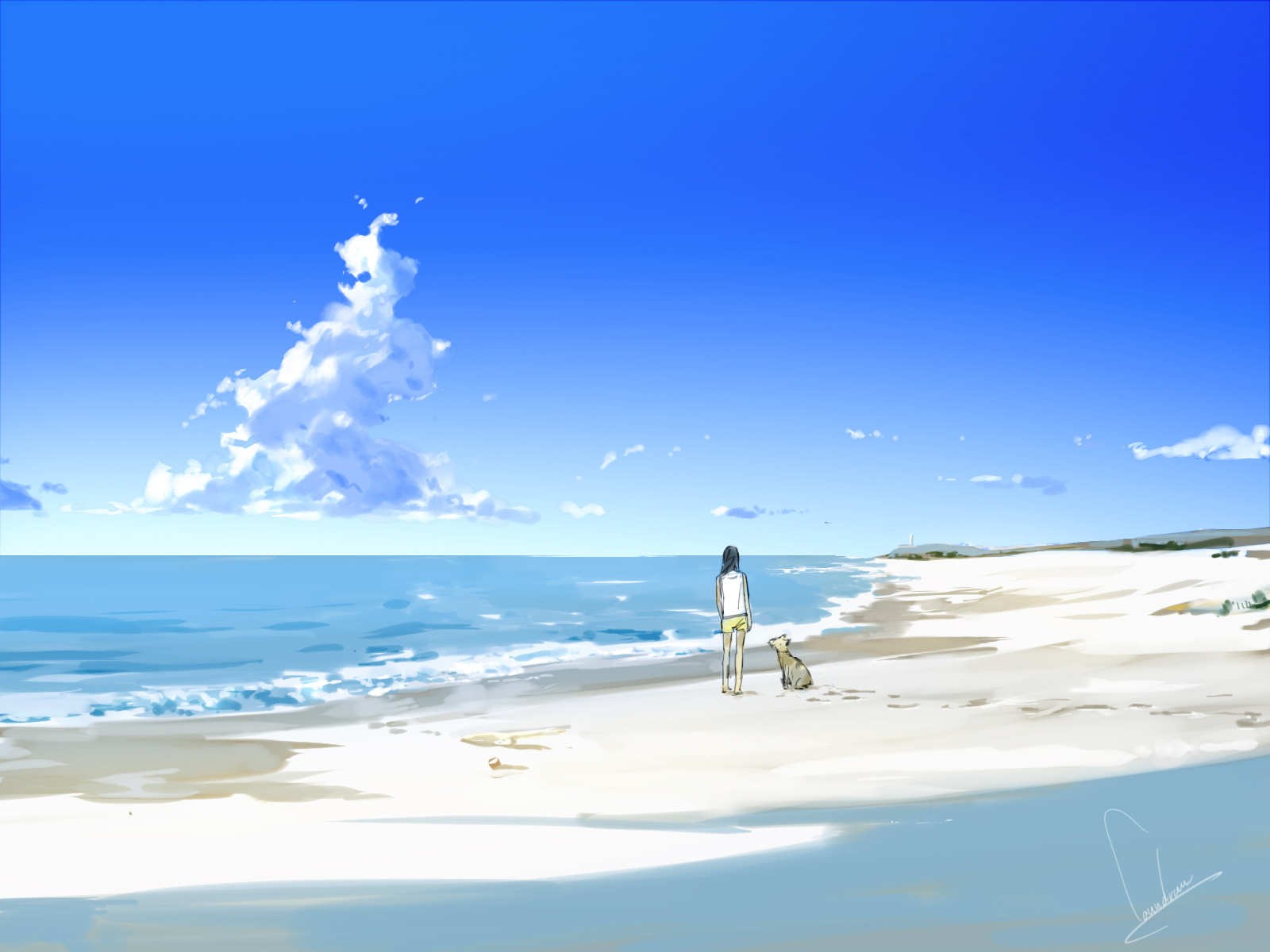 Laden Sie das Strand, Hund, Wolke, Original, Animes, Schwarzes Haar-Bild kostenlos auf Ihren PC-Desktop herunter