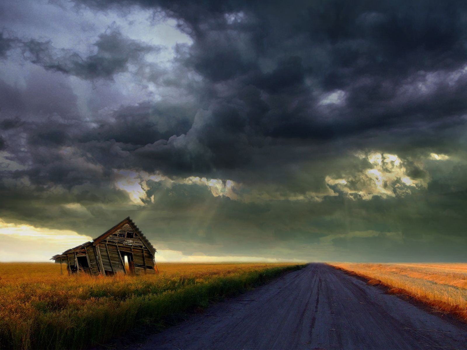 Download mobile wallpaper Dark, Road, House, Cloud, Ruin, Abandoned, Man Made for free.