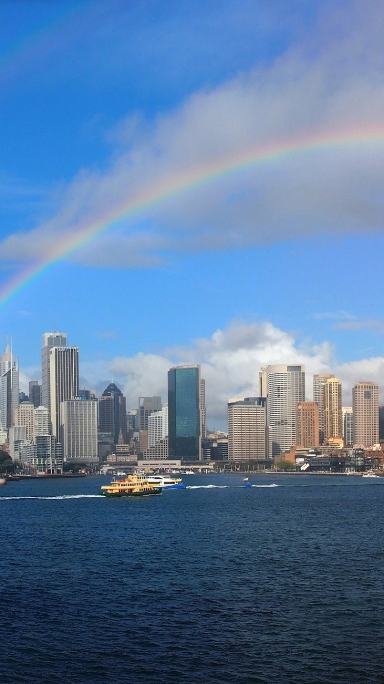 Download mobile wallpaper Cities, Rainbow, Sydney, City, Harbor, Australia, Man Made, Sydney Harbour Bridge for free.