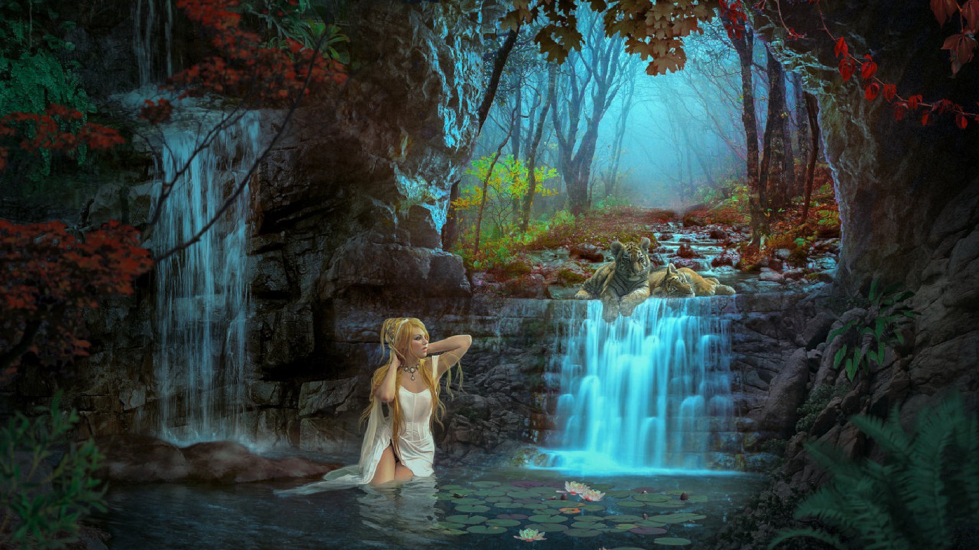 Free download wallpaper Fantasy, Waterfall, Tiger, Cave, Artistic on your PC desktop