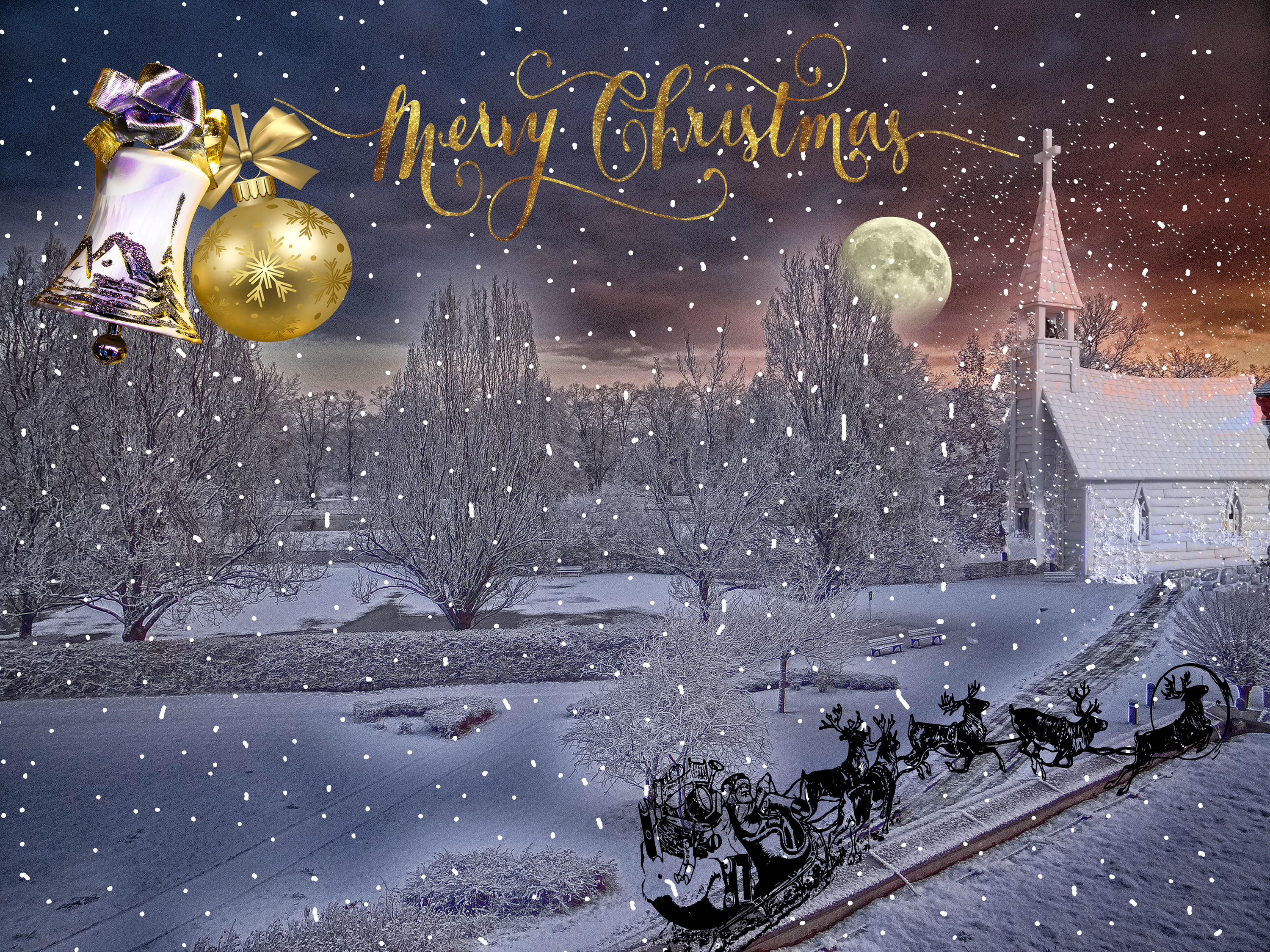 holiday, christmas, bauble, bell, church, merry christmas, moon, reindeer, sled, snow, winter