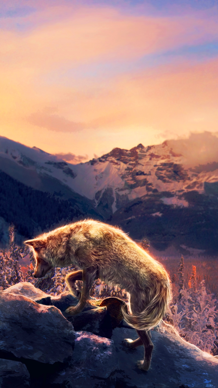 無料モバイル壁紙風景, 冬, 自然, ファンタジー, 山, 狼, ファンタジー動物をダウンロードします。