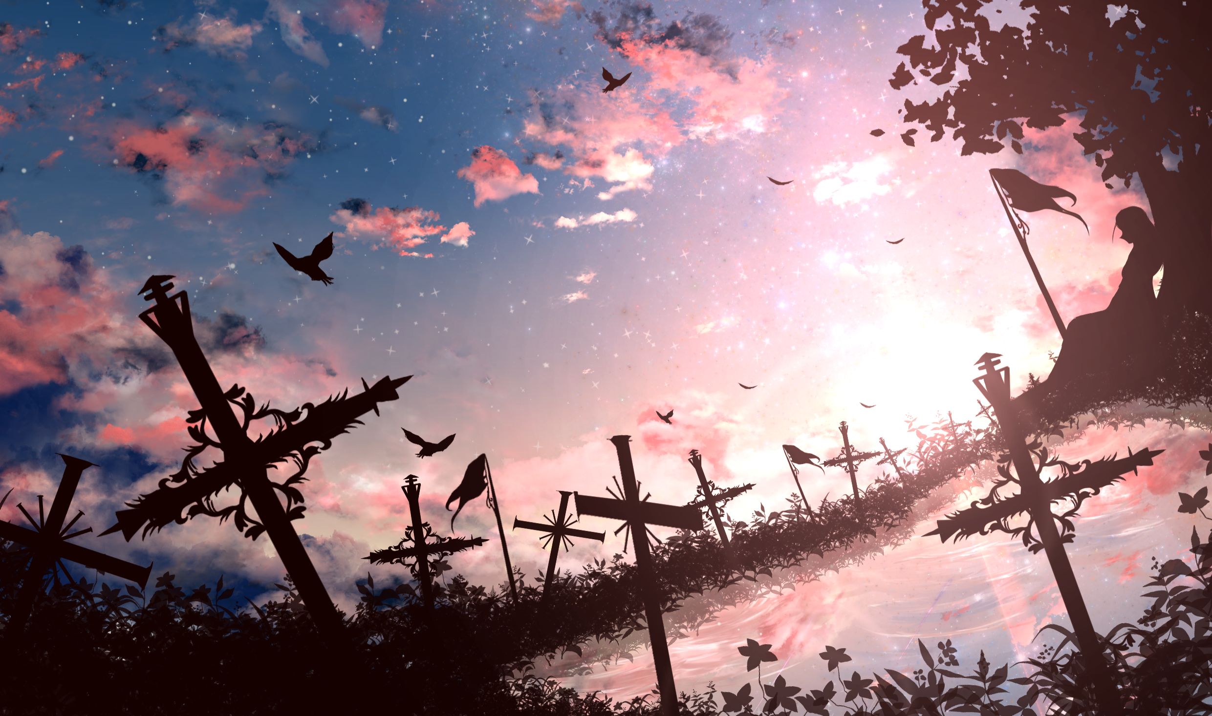 Download mobile wallpaper Anime, Water, Sunset, Starry Sky, Cross, Original for free.