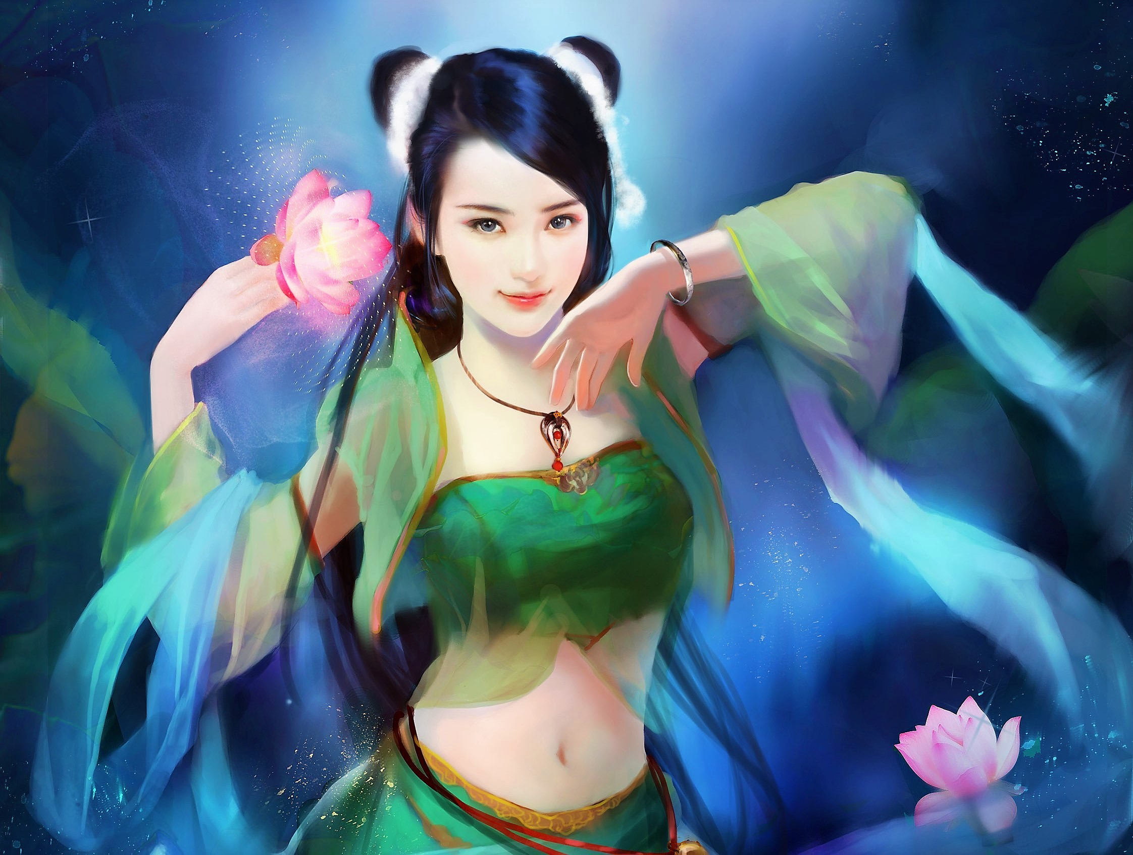 Free download wallpaper Fantasy, Lotus, Oriental, Women, Black Hair on your PC desktop