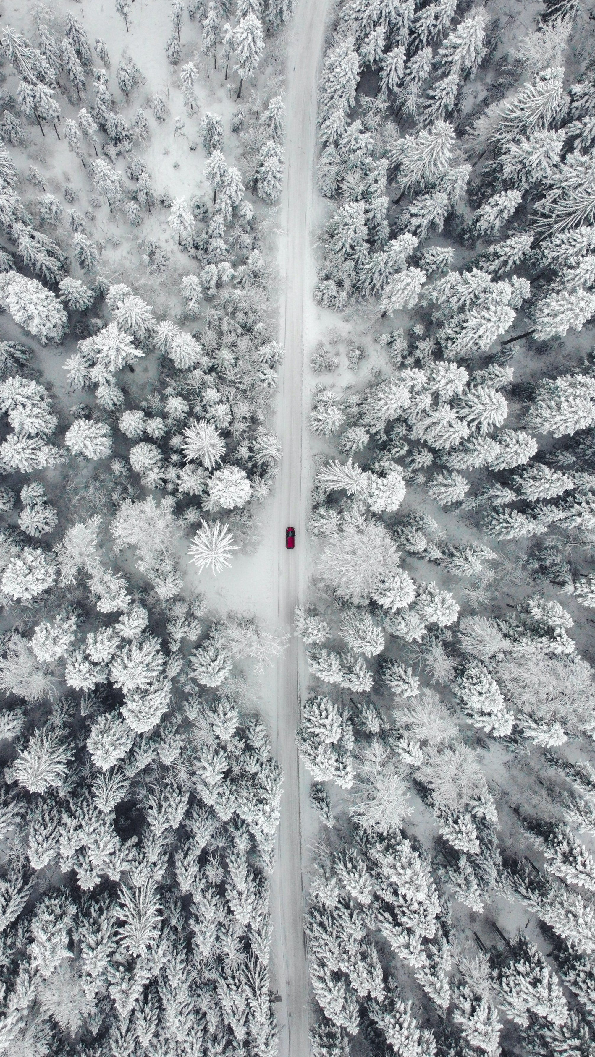 Download mobile wallpaper Snow, Forest, View From Above, Road, Nature, Car for free.
