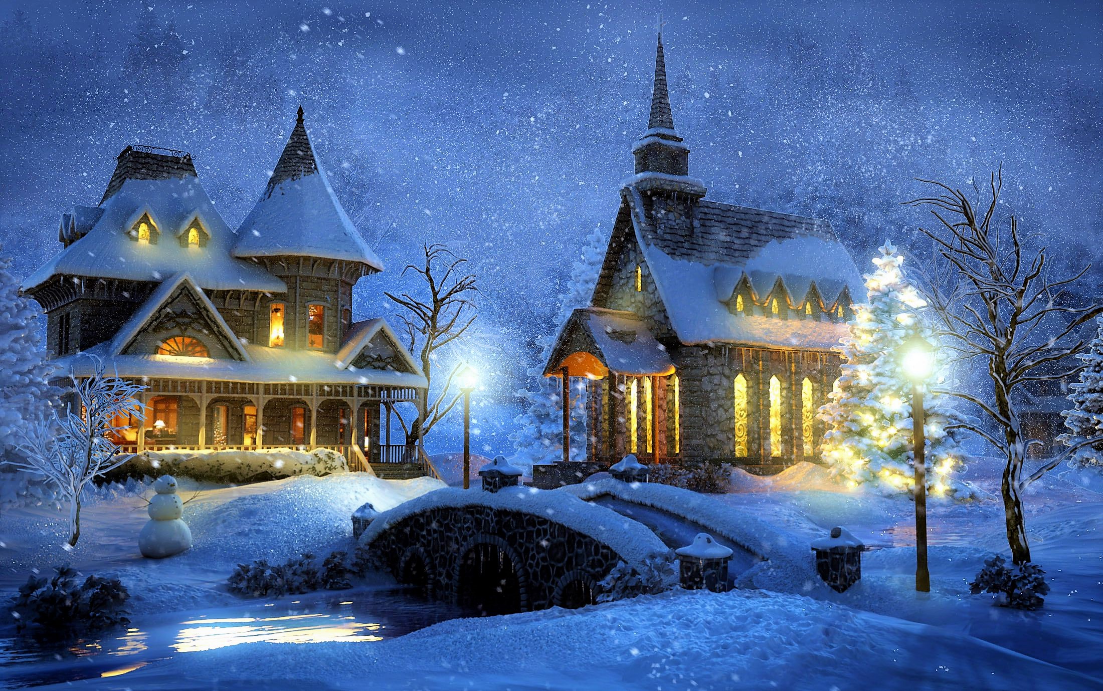 Free download wallpaper Winter, Night, Snow, Snowman, Bridge, Painting, Artistic, Church, Snowfall on your PC desktop