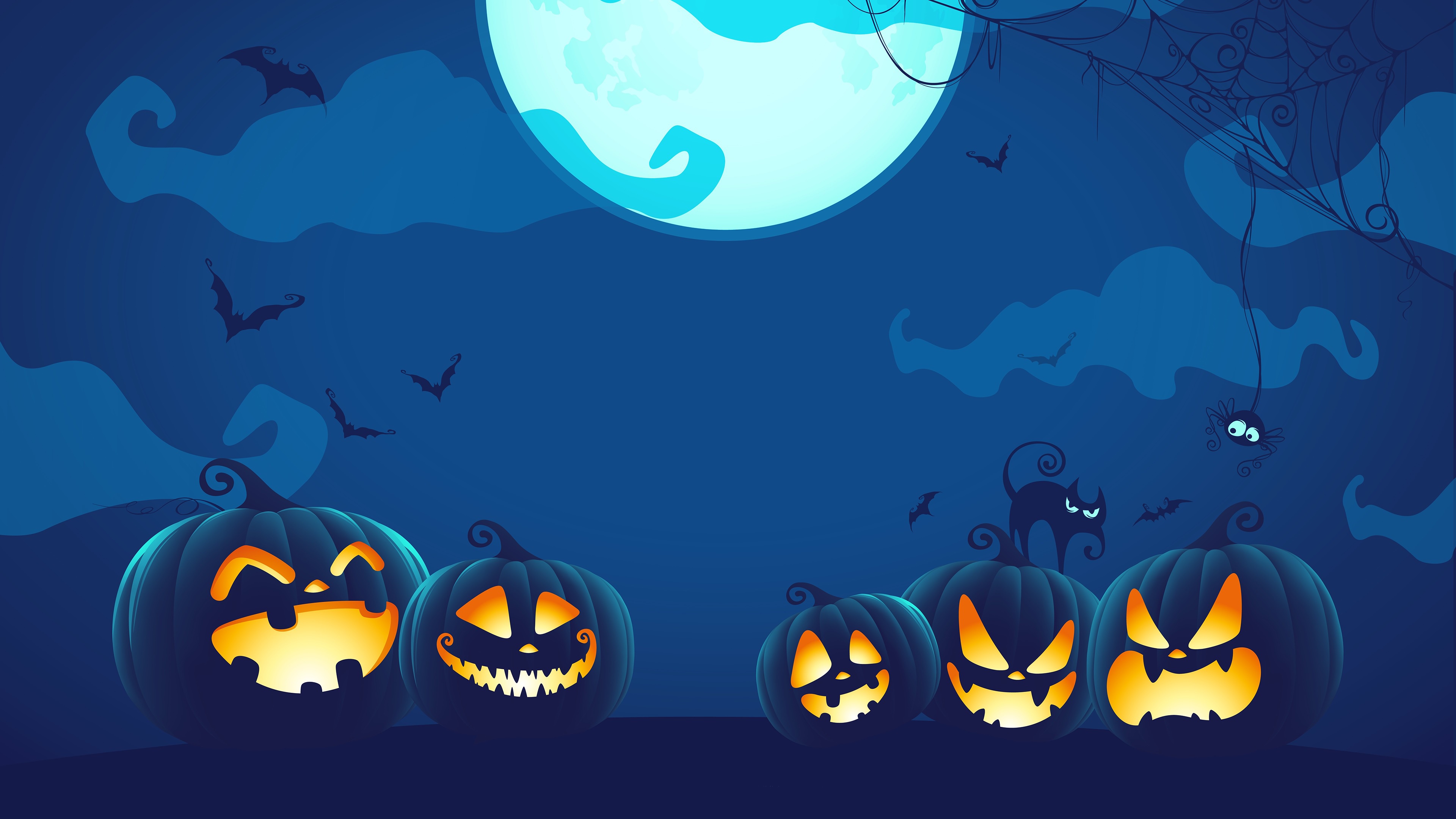 Download mobile wallpaper Halloween, Night, Moon, Cat, Holiday, Spider, Jack O' Lantern for free.