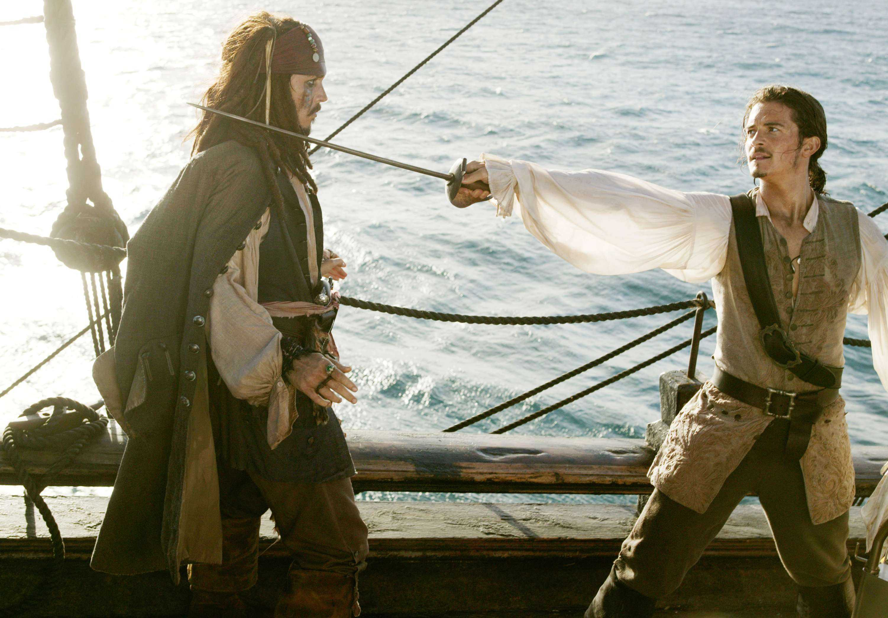 Download mobile wallpaper Will Turner, Pirates Of The Caribbean: Dead Man's Chest, Orlando Bloom, Johnny Depp, Jack Sparrow, Pirates Of The Caribbean, Movie for free.