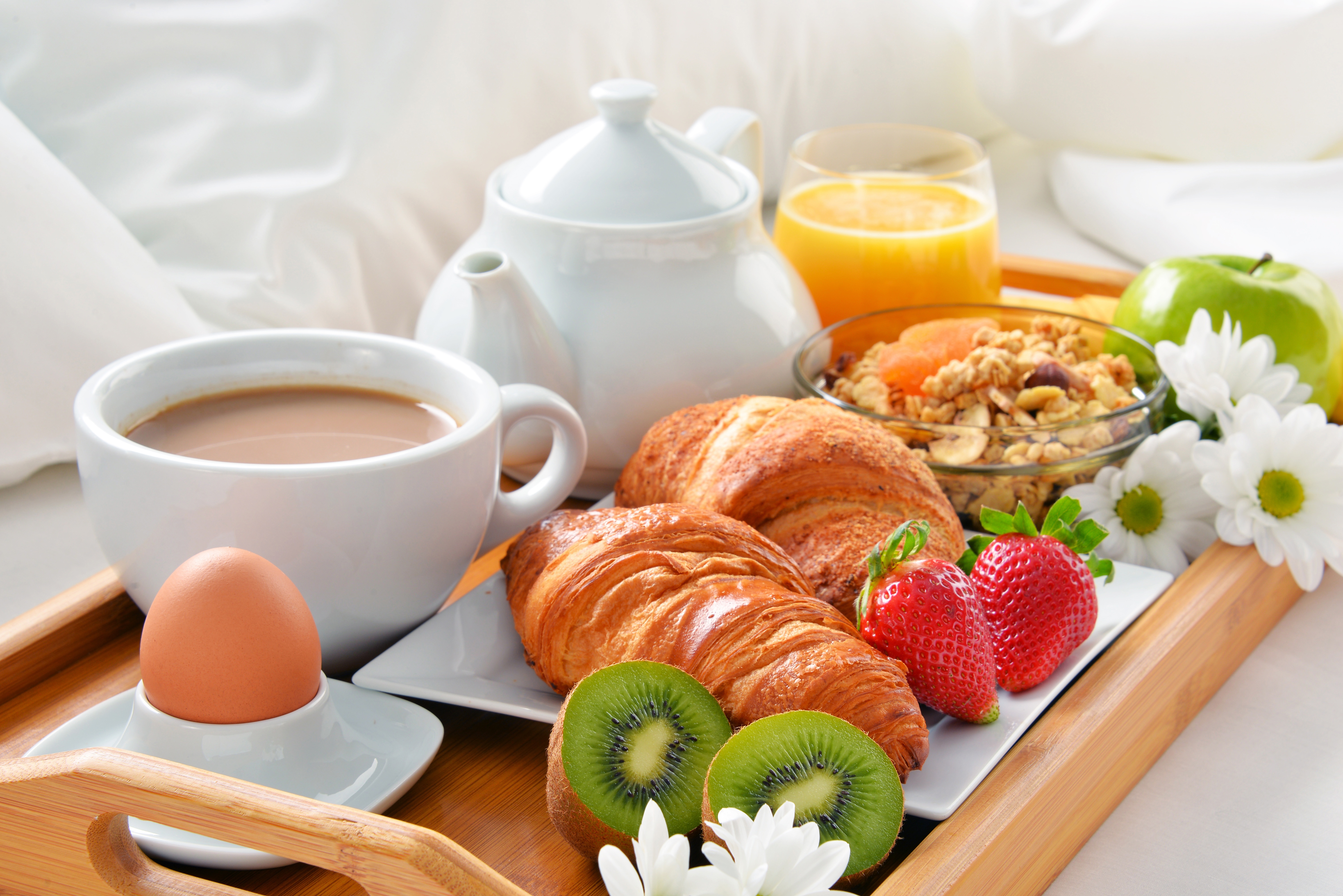 Free download wallpaper Food, Coffee, Still Life, Cup, Fruit, Egg, Daisy, Breakfast, Croissant, Juice on your PC desktop