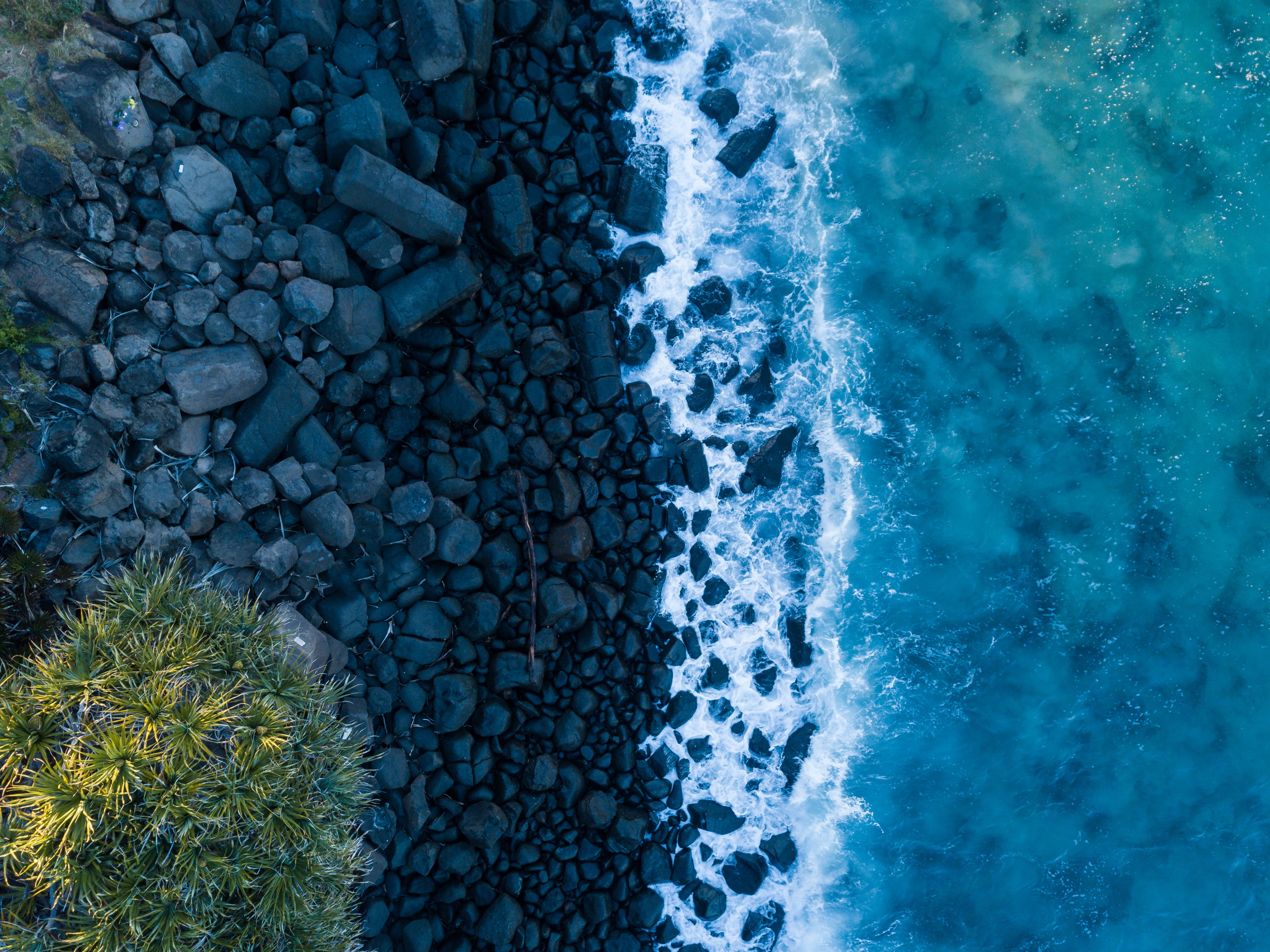 view from above, ocean, nature, stones, shore, bank, surf