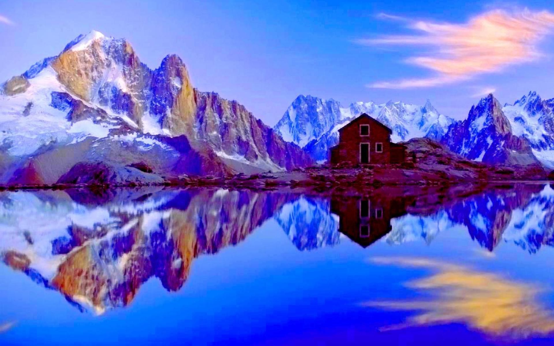 Download mobile wallpaper Mountain, Lake, Reflection, House, Man Made for free.