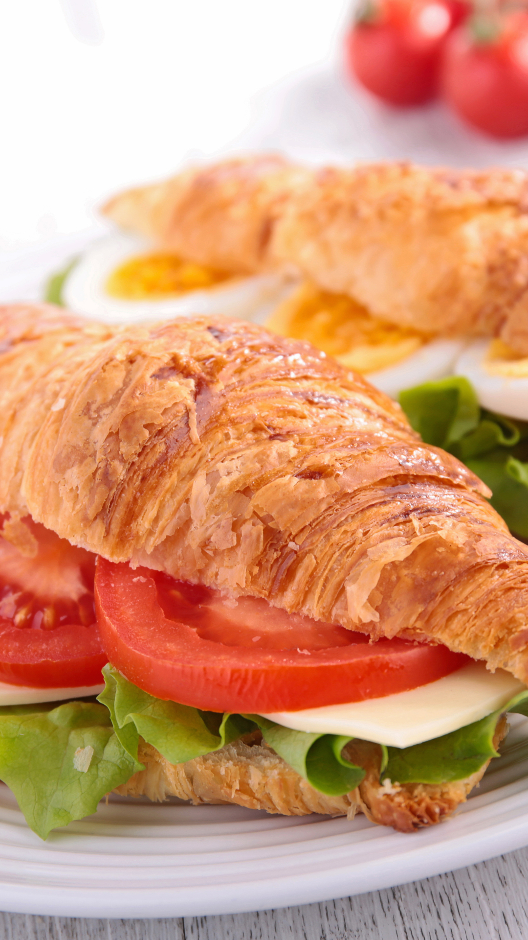 Download mobile wallpaper Food, Egg, Salad, Tomato, Croissant, Sandwich for free.