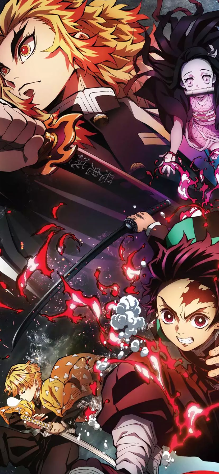 Download mobile wallpaper Anime, Nezuko Kamado, Zenitsu Agatsuma, Kyojuro Rengoku, Tanjiro Kamado, Demon Slayer: Kimetsu No Yaiba The Movie: Mugen Train for free.
