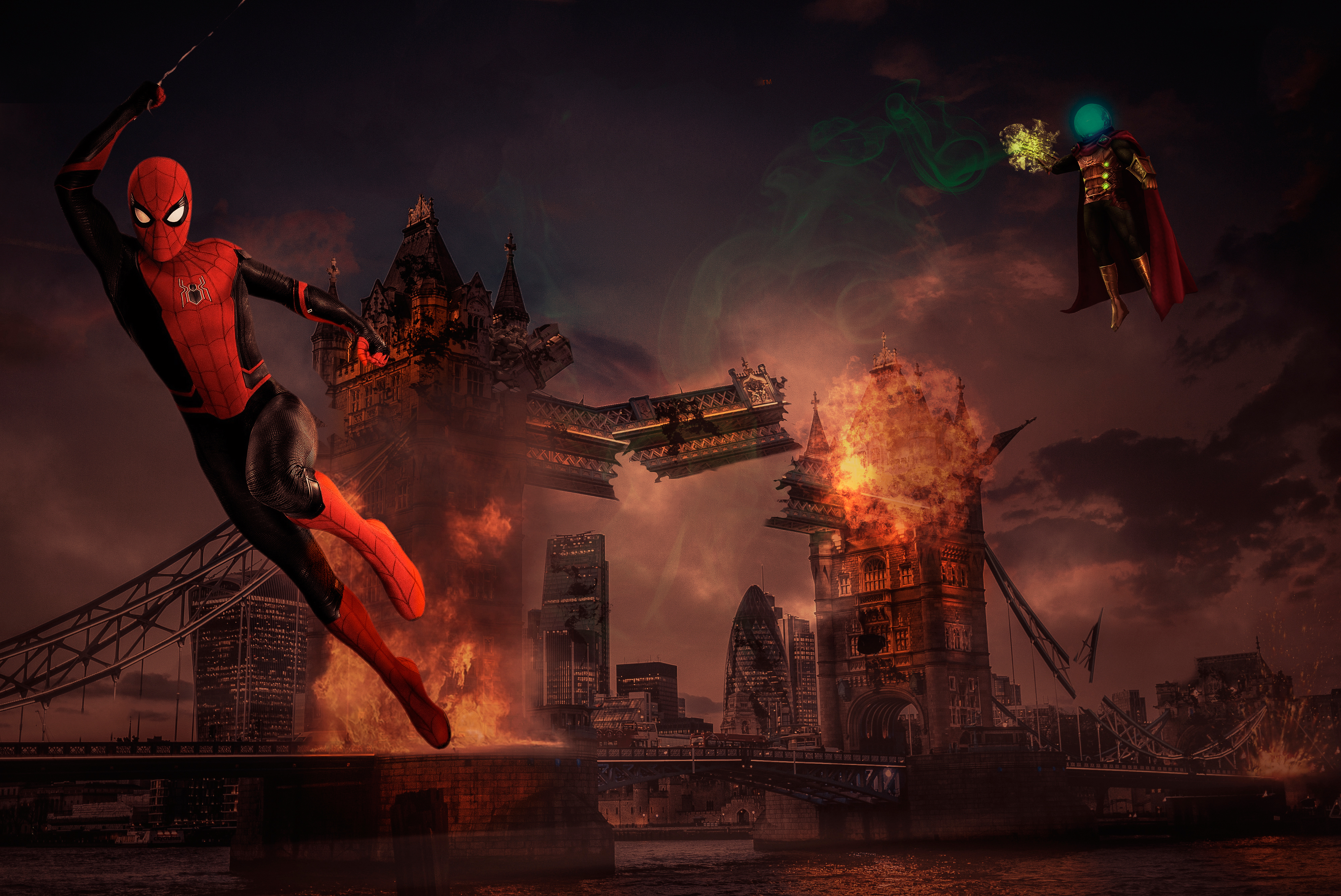 movie, spider man: far from home, mysterio (marvel comics), spider man, tower bridge