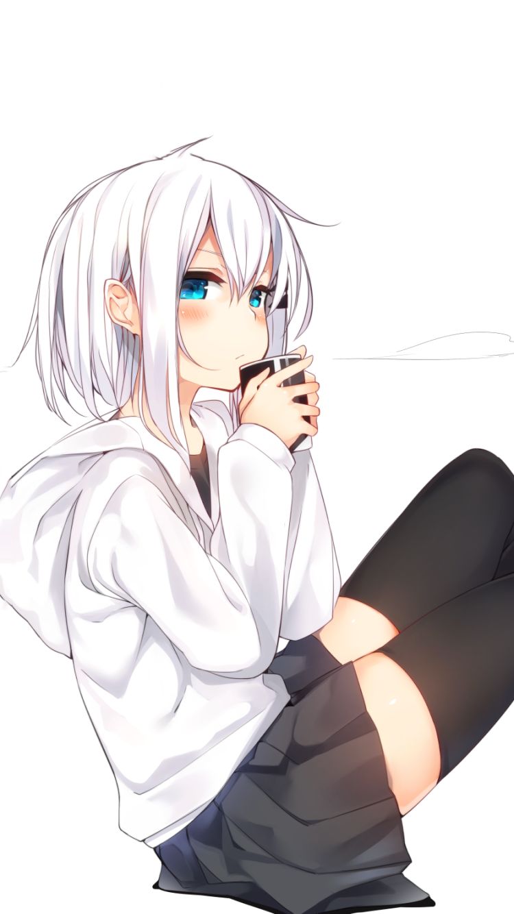 Download mobile wallpaper Anime, Cup, Girl, Jacket, Blue Eyes, School Uniform, Short Hair, Thigh Highs, White Hair for free.