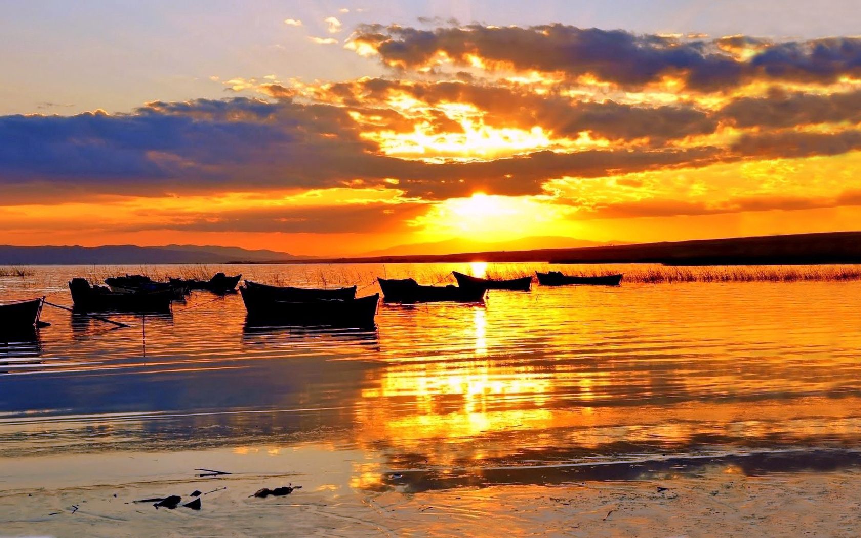 Free download wallpaper Nature, Sunset, Lake, Boats, Horizon, Sun on your PC desktop