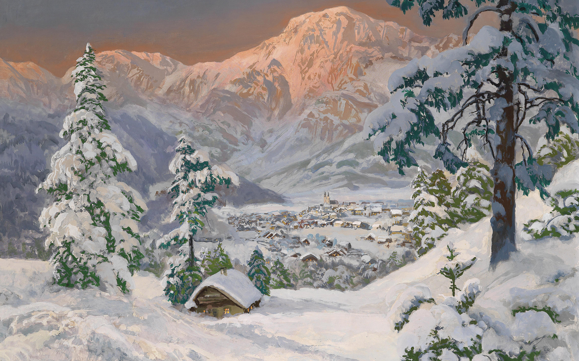 Laden Sie das Landschaft, Winter, Schnee, Dorf, Malerei, Künstlerisch-Bild kostenlos auf Ihren PC-Desktop herunter