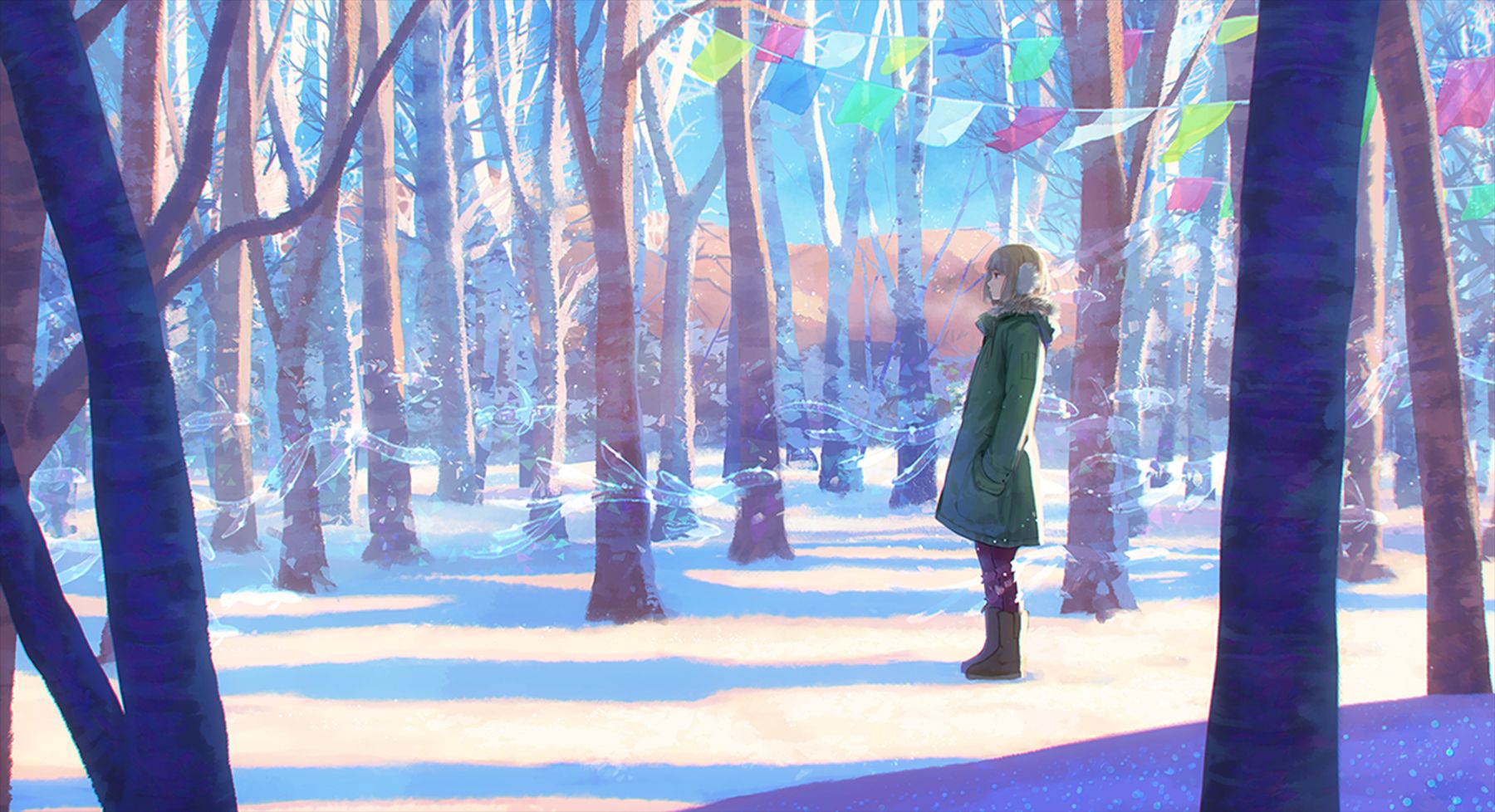 Download mobile wallpaper Anime, Snow, Forest, Sunlight, Birch, Original for free.