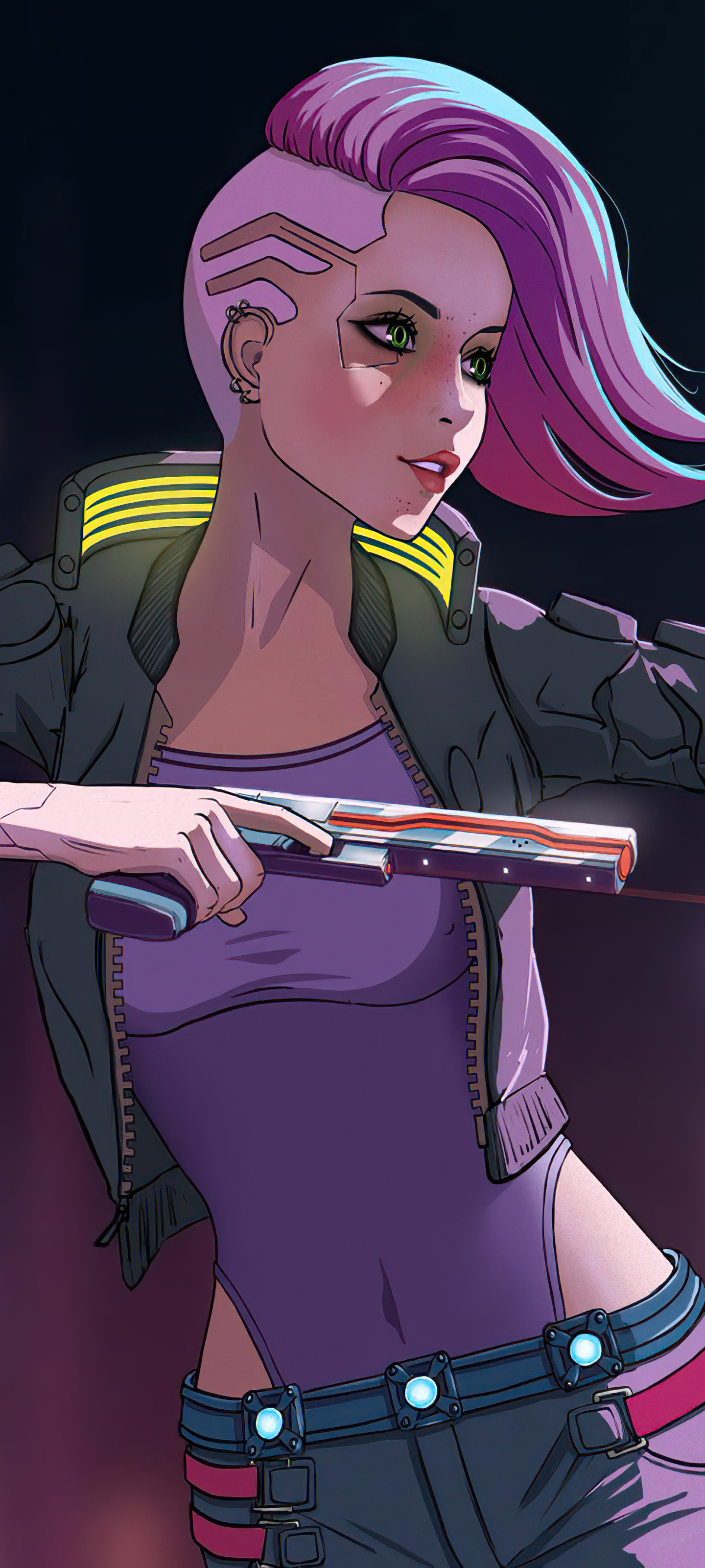 Handy-Wallpaper Waffe, Pinkes Haar, Computerspiele, Frau Krieger, Cyberpunk 2077 kostenlos herunterladen.