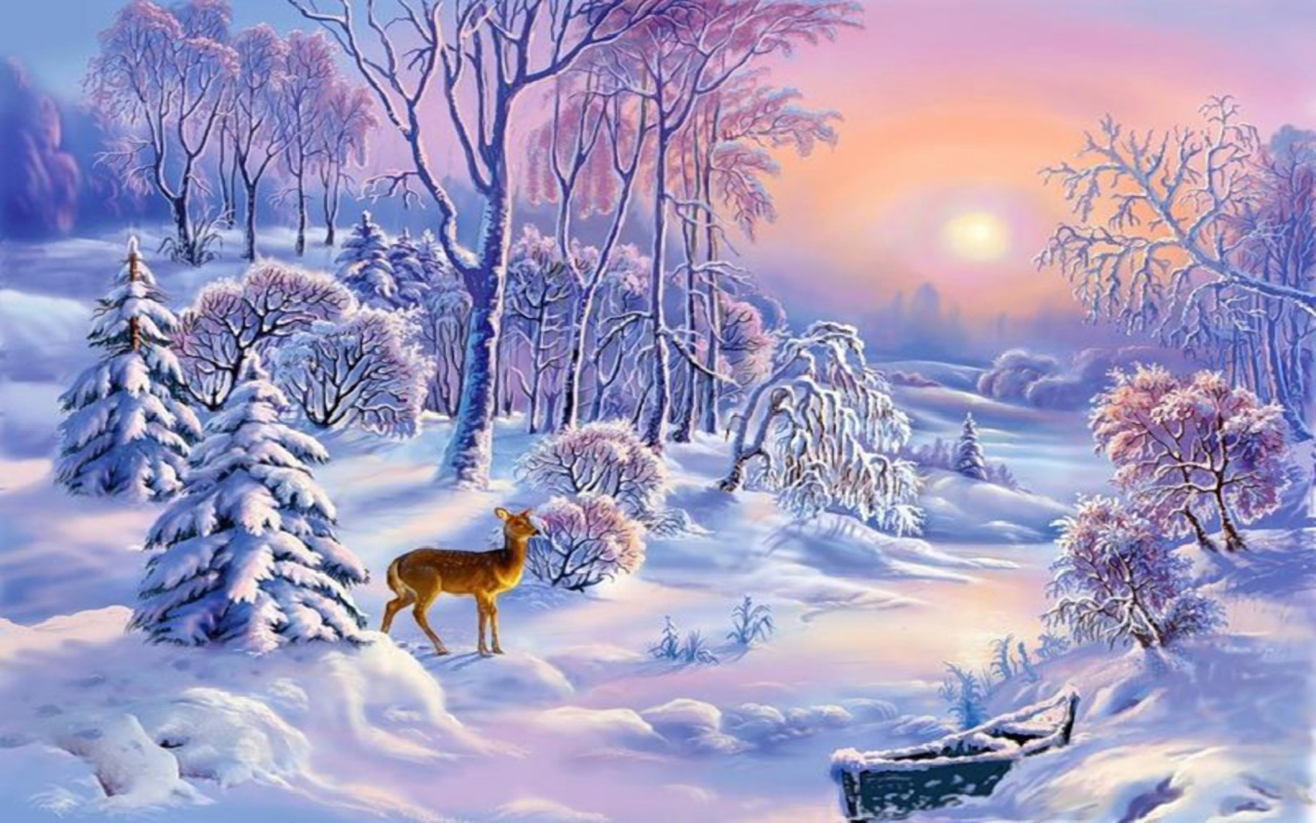 Скачать обои бесплатно Зима, Закат, Снег, Дерево, Олень, Ландшафт, Художественные картинка на рабочий стол ПК