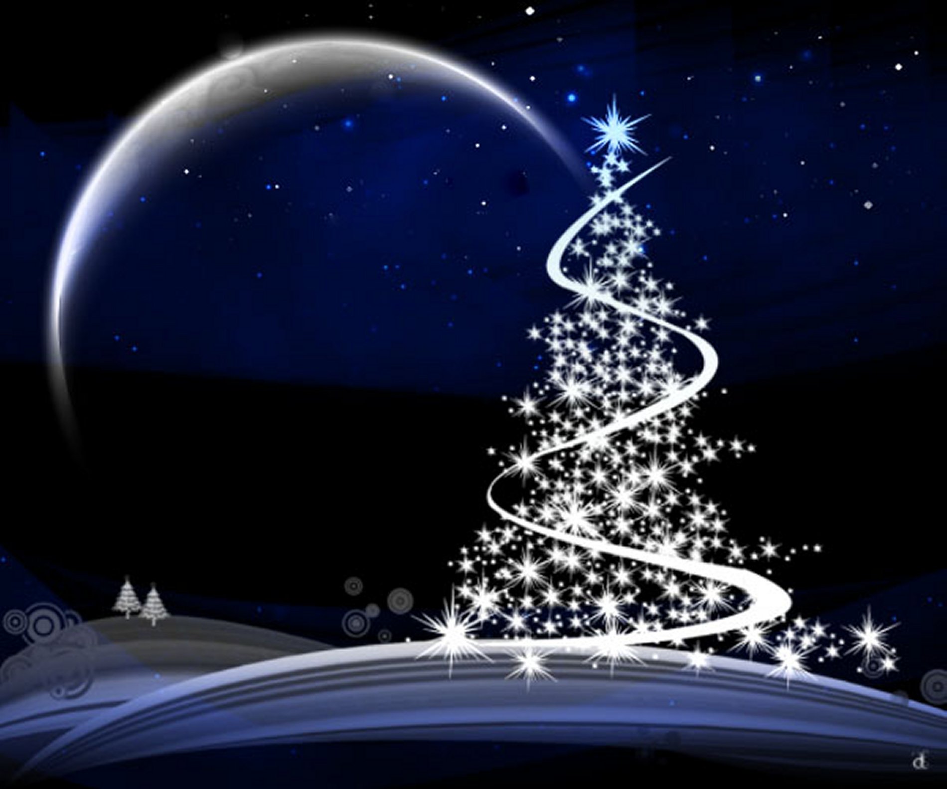 christmas, holiday, blue, christmas tree, moon, night, stars, tree