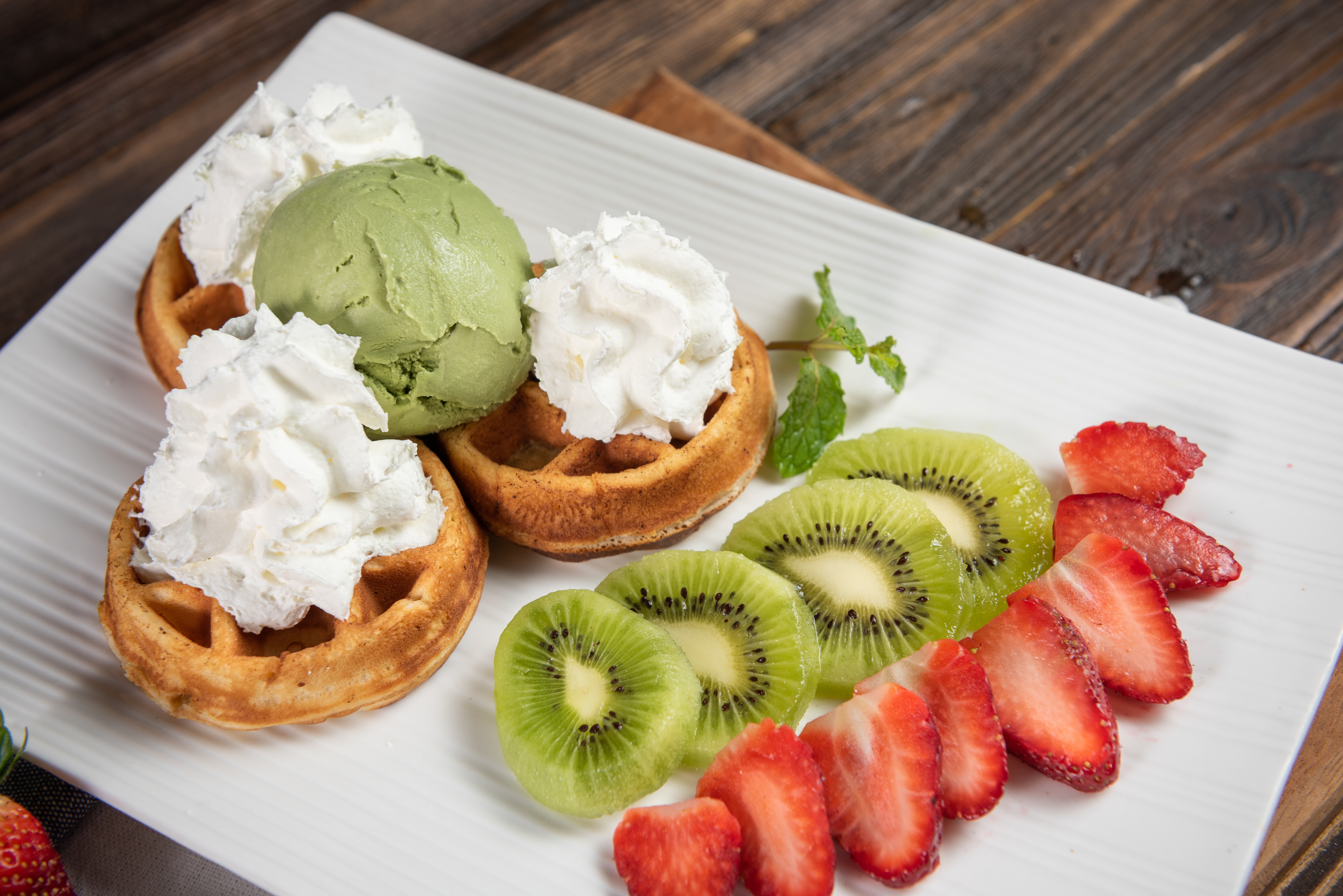 Download mobile wallpaper Food, Strawberry, Dessert, Kiwi, Ice Cream, Fruit, Waffle for free.