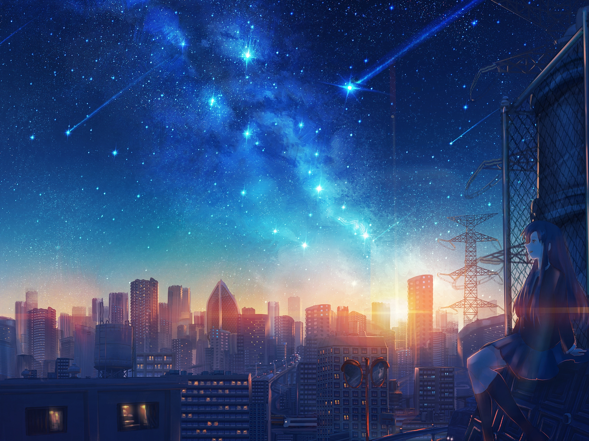 Baixe gratuitamente a imagem Anime, Pôr Do Sol, Cidade, Céu Estrelado, Estrela Cadente na área de trabalho do seu PC