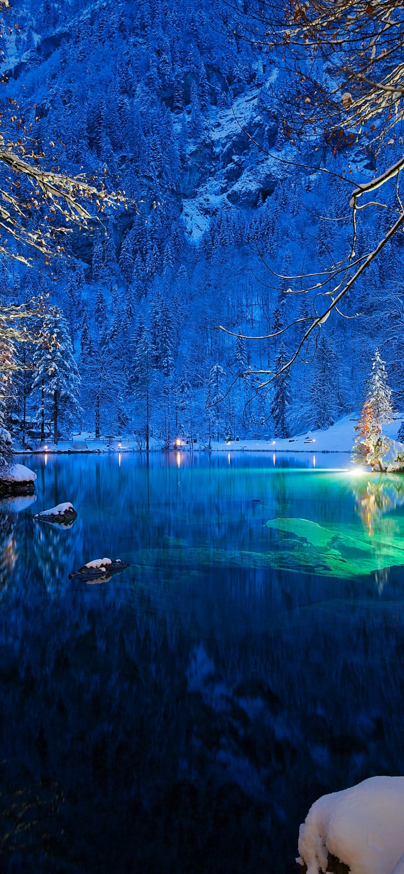 Download mobile wallpaper Winter, Night, Snow, Lakes, Lake, Earth, Switzerland for free.