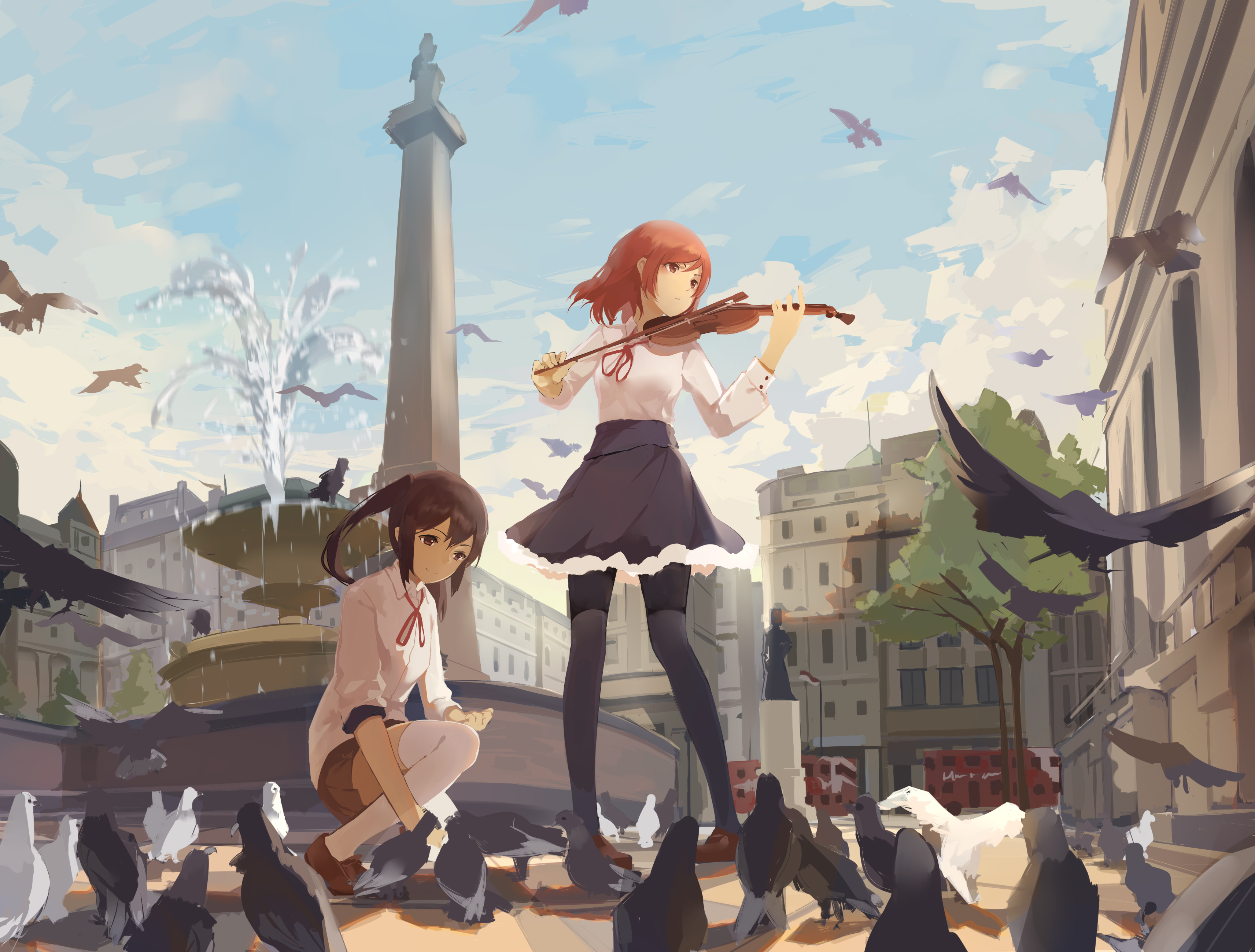anime, love live!, fountain, maki nishikino, nico yazawa, pigeon, violinist