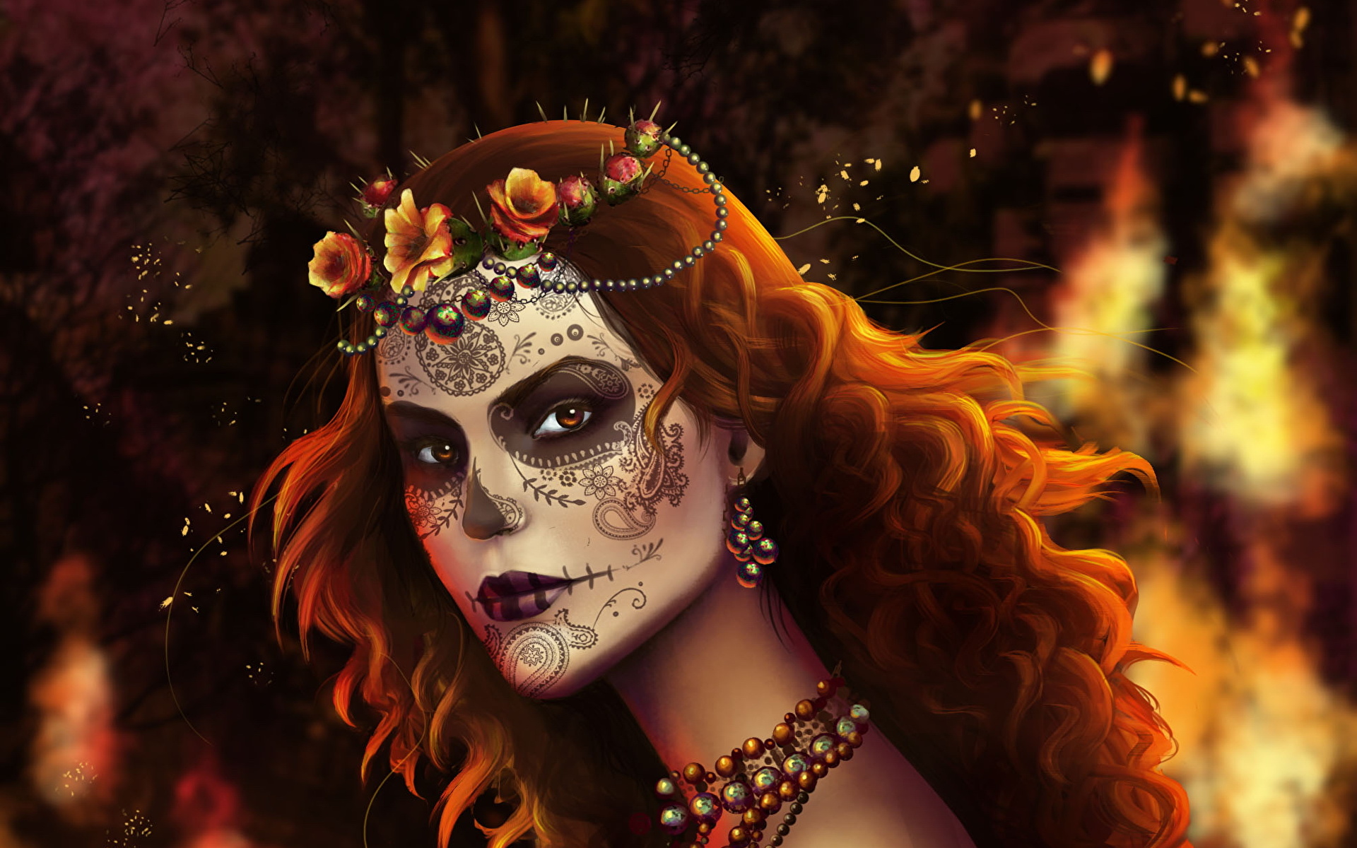 Free download wallpaper Redhead, Artistic, Face, Wreath, Lipstick, Sugar Skull on your PC desktop