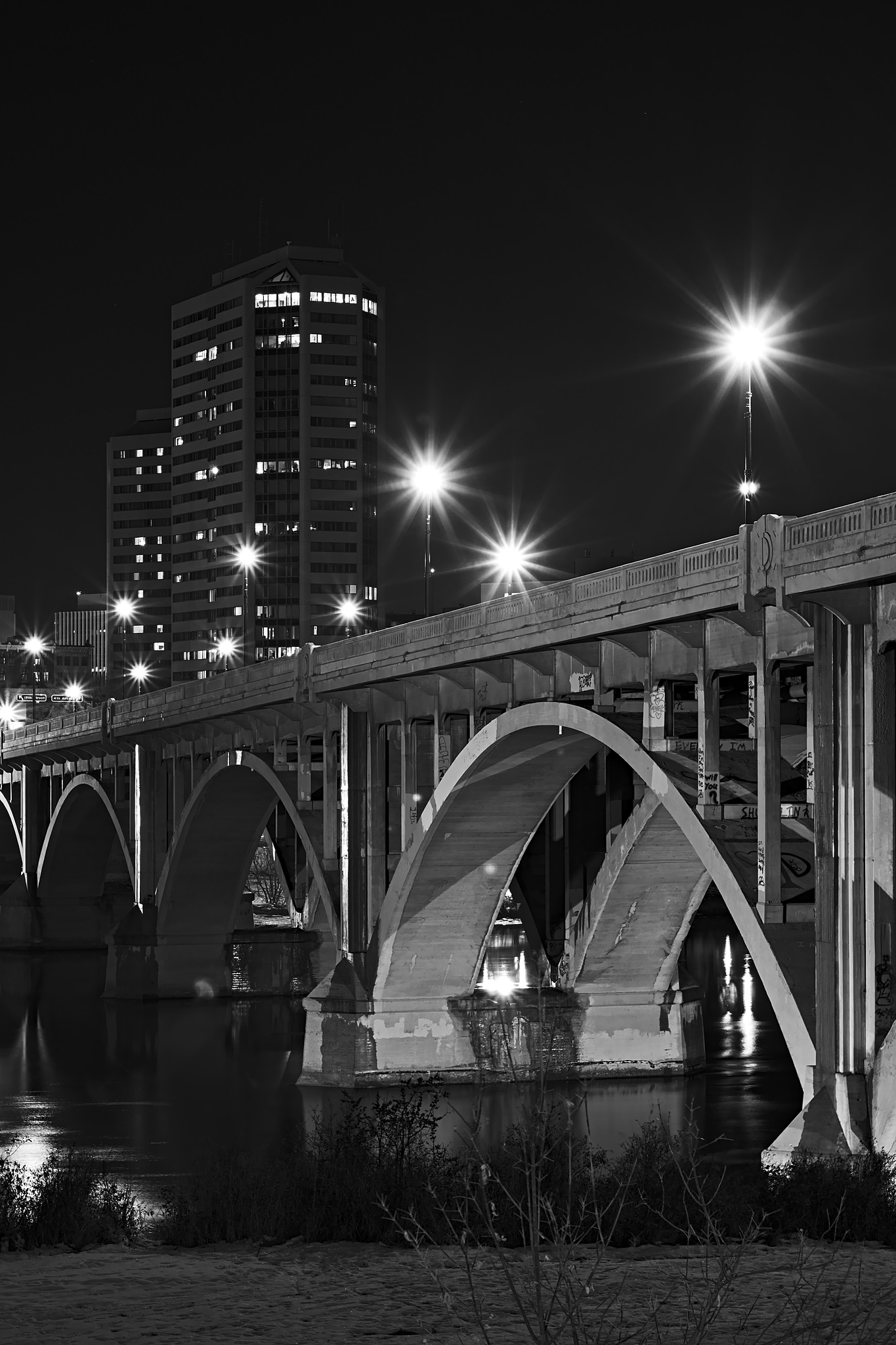 Download mobile wallpaper Cities, Chb, City, Bridge, Bw, Building, Night for free.