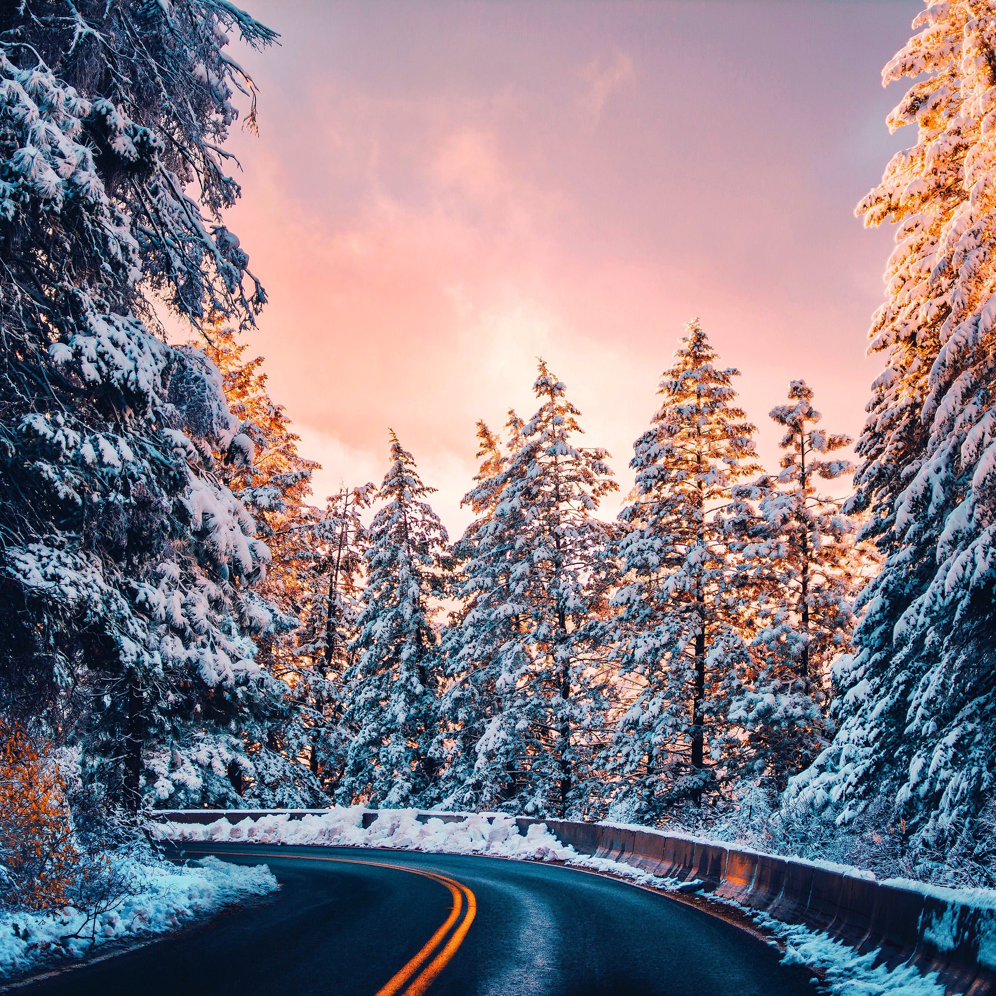 Download mobile wallpaper Turn, Snow, Road, Nature, Sunset, Trees for free.