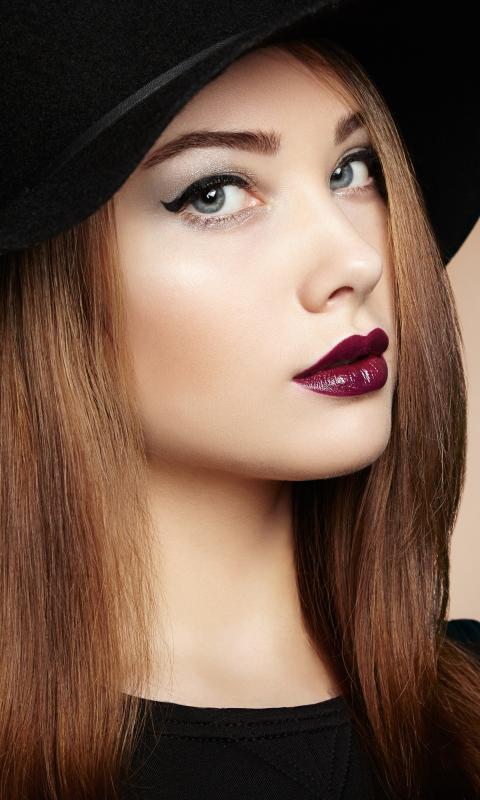 Download mobile wallpaper Close Up, Hat, Brunette, Model, Women, Blue Eyes, Lipstick for free.