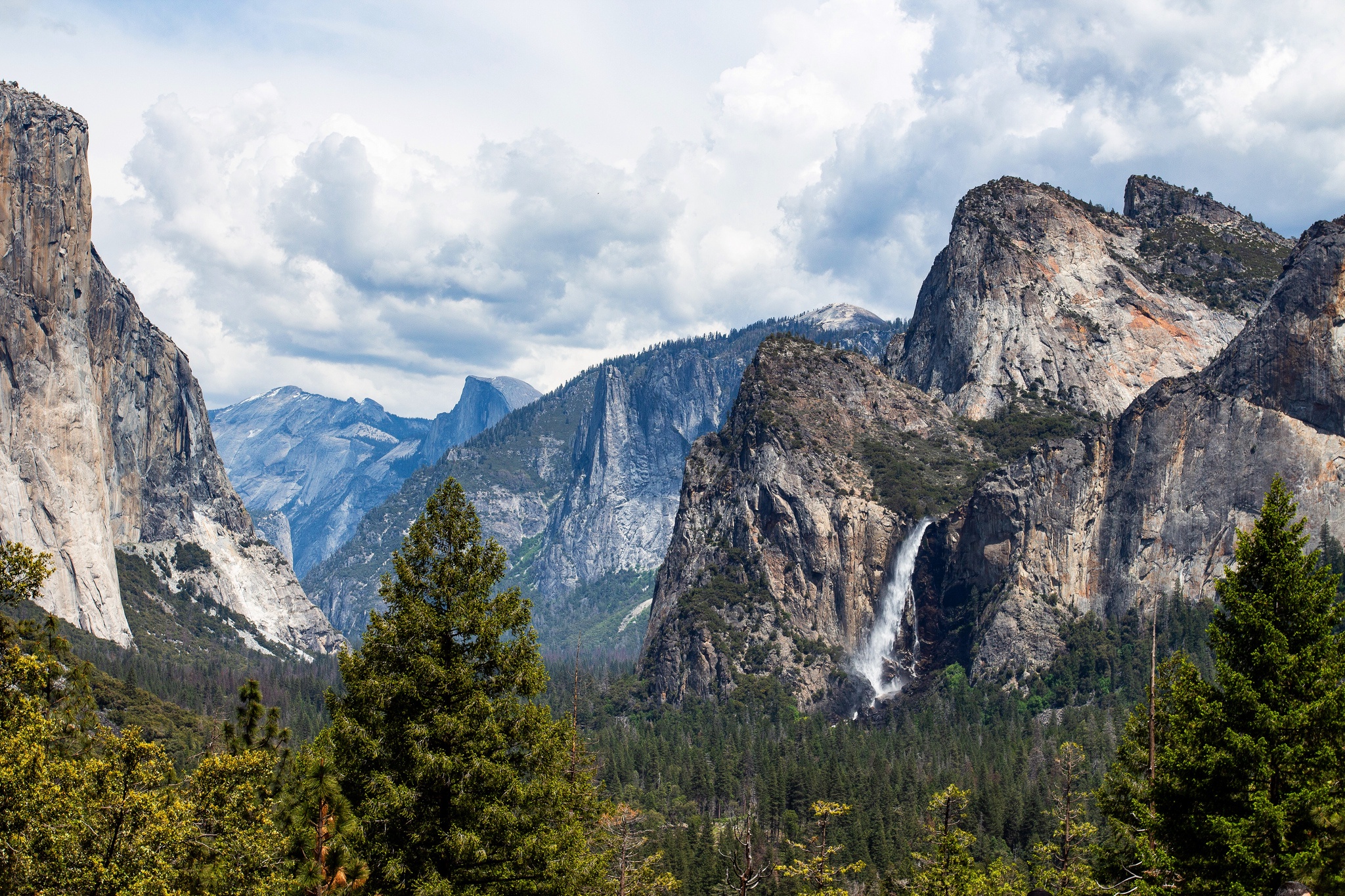 Download mobile wallpaper Landscape, Nature, Mountain, Waterfall, Forest, Earth, Cliff, National Park, Cloud, Yosemite National Park for free.