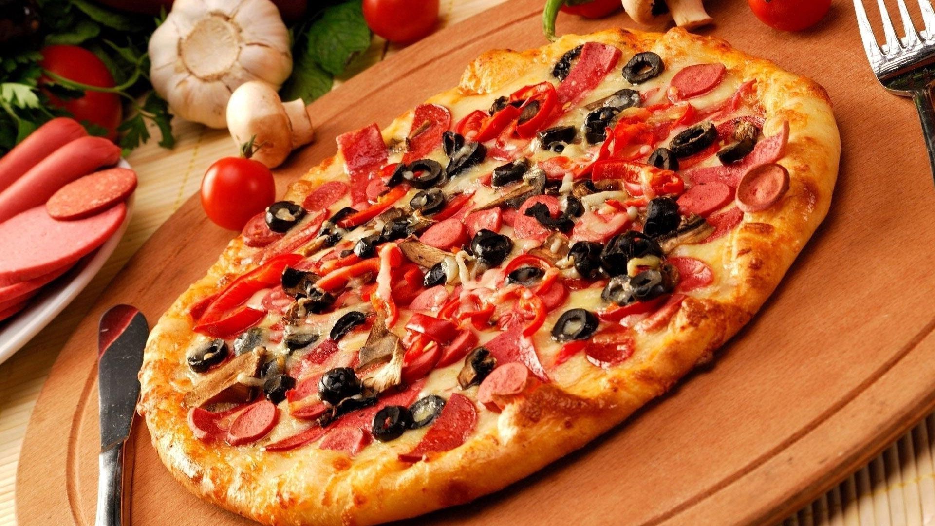 pizza, bakery products, food, baking, fork, knife HD wallpaper