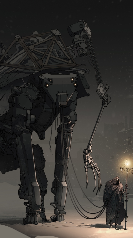 Download mobile wallpaper Night, Snow, Robot, Sci Fi, Snowfall, Post Apocalyptic for free.