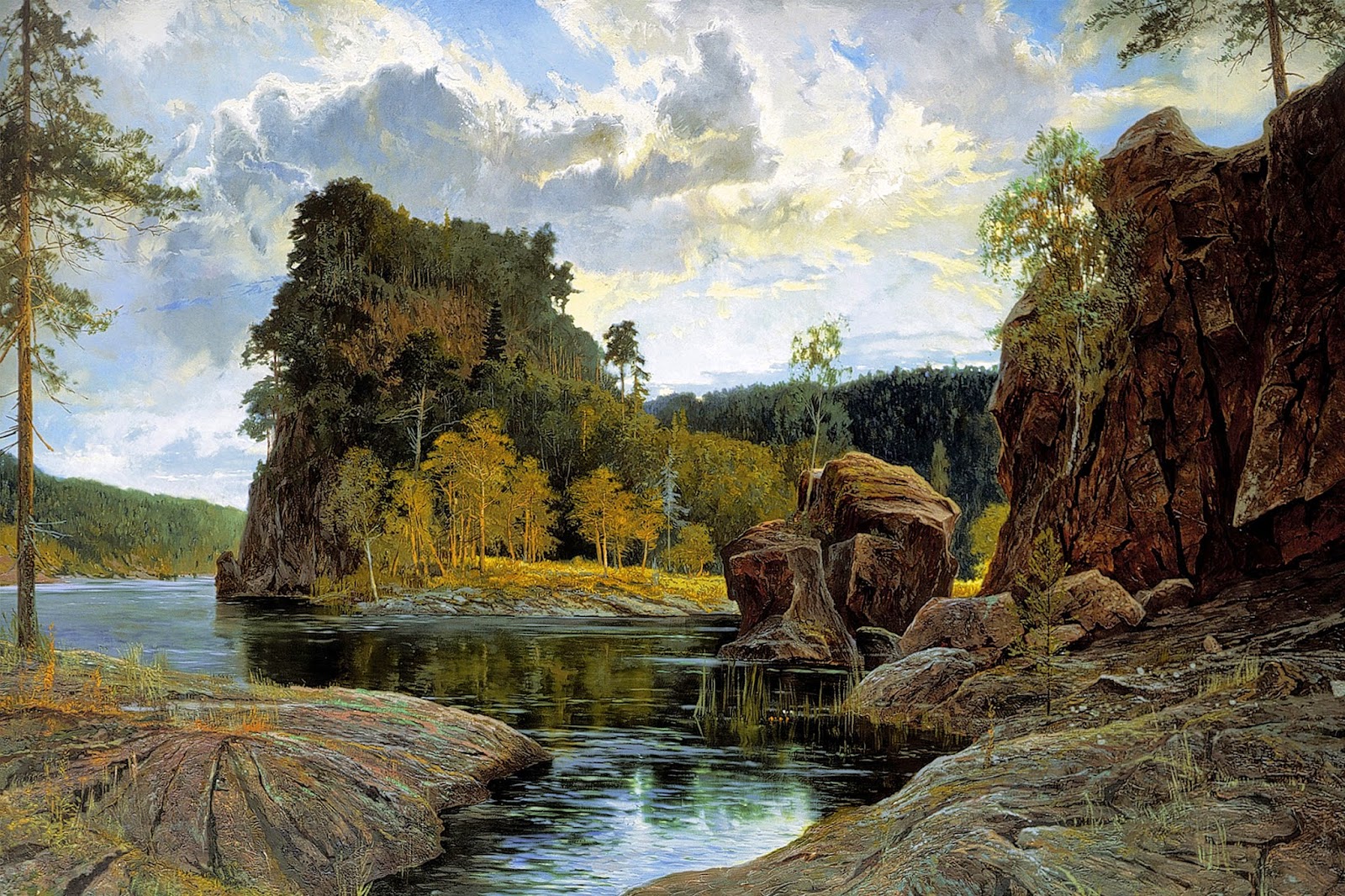 Laden Sie das Landschaft, Herbst, See, Baum, Malerei, Künstlerisch-Bild kostenlos auf Ihren PC-Desktop herunter
