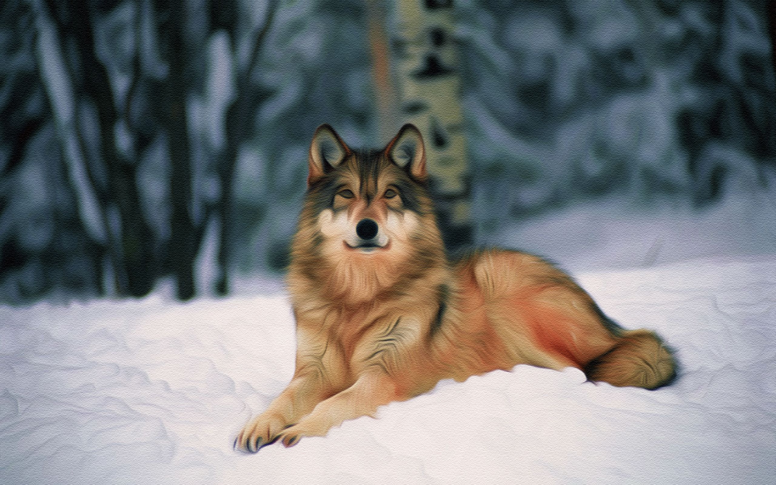 Download mobile wallpaper Oil Painting, Close Up, Wolves, Wolf, Snow, Winter, Animal for free.