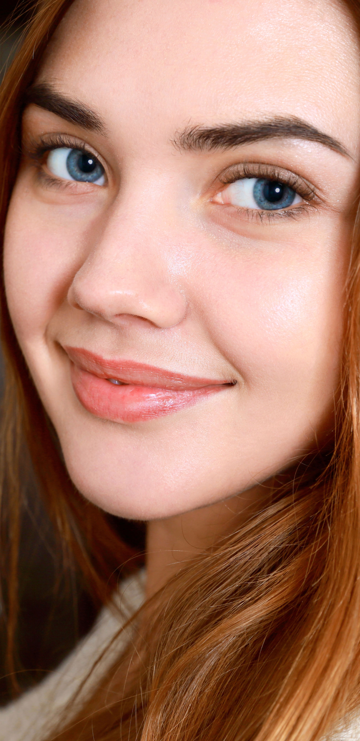 Download mobile wallpaper Smile, Redhead, Face, Model, Women, Blue Eyes for free.