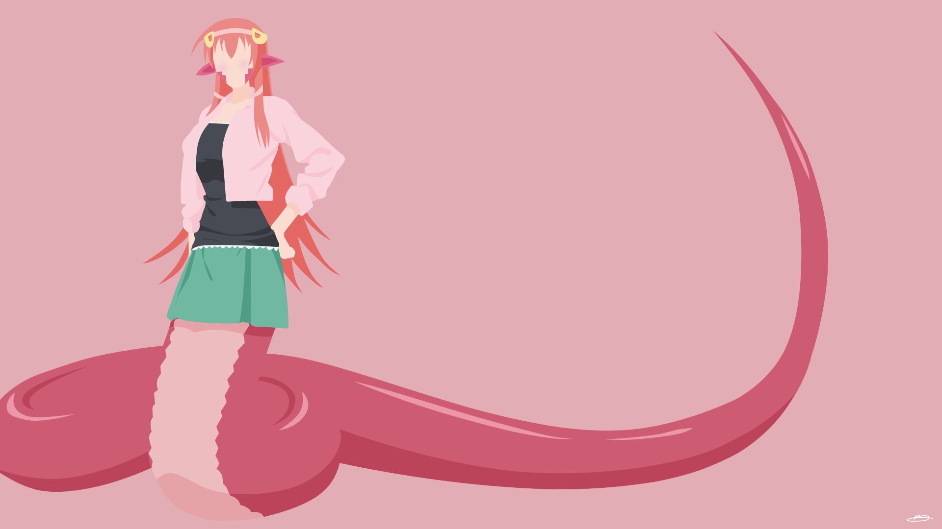 anime, monster musume, everyday life with monster girls, long hair, miia (monster musume), minimalist, pointed ears, red hair, skirt, tail