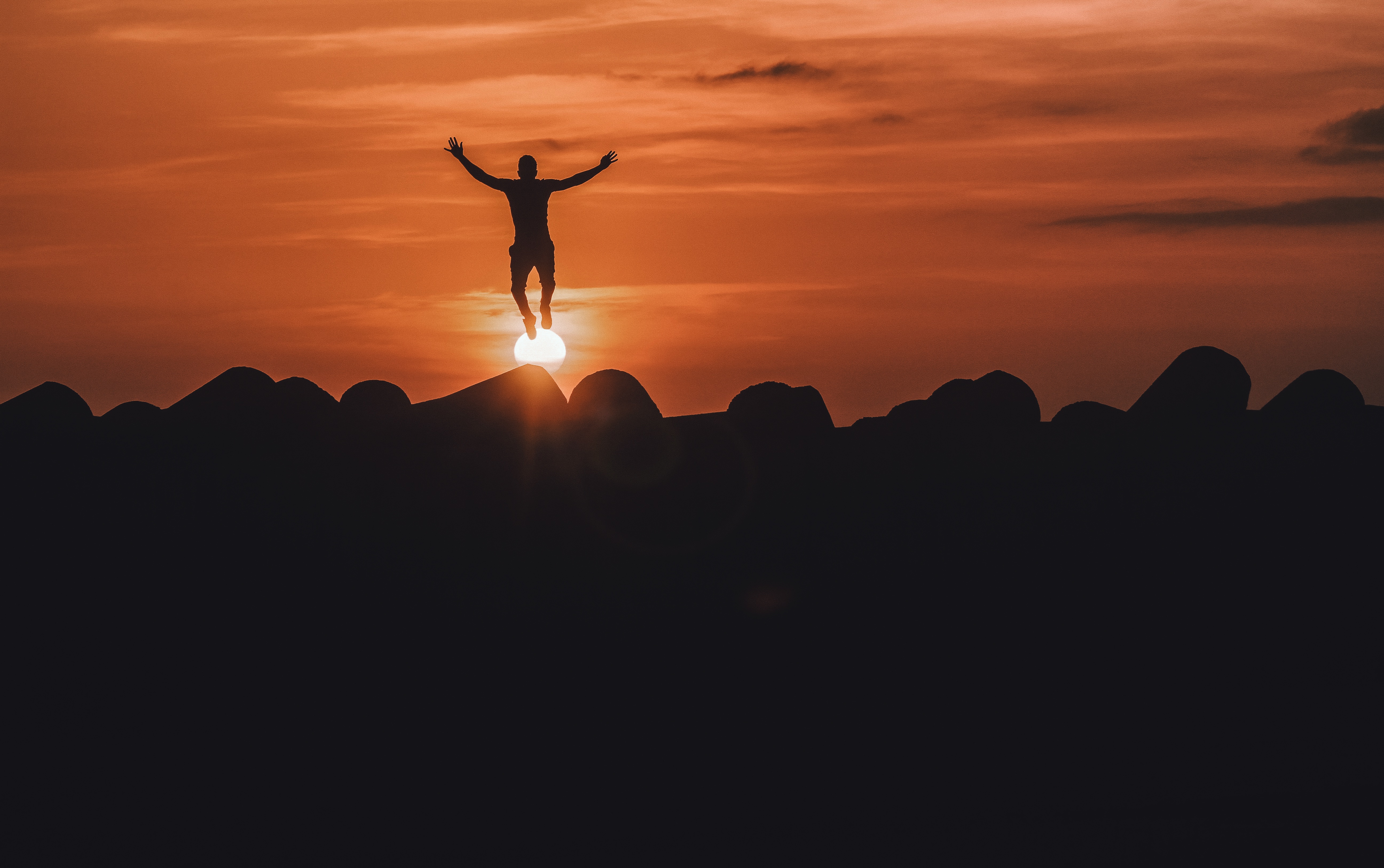 nature, sunset, mountains, silhouette, bounce, jump Full HD