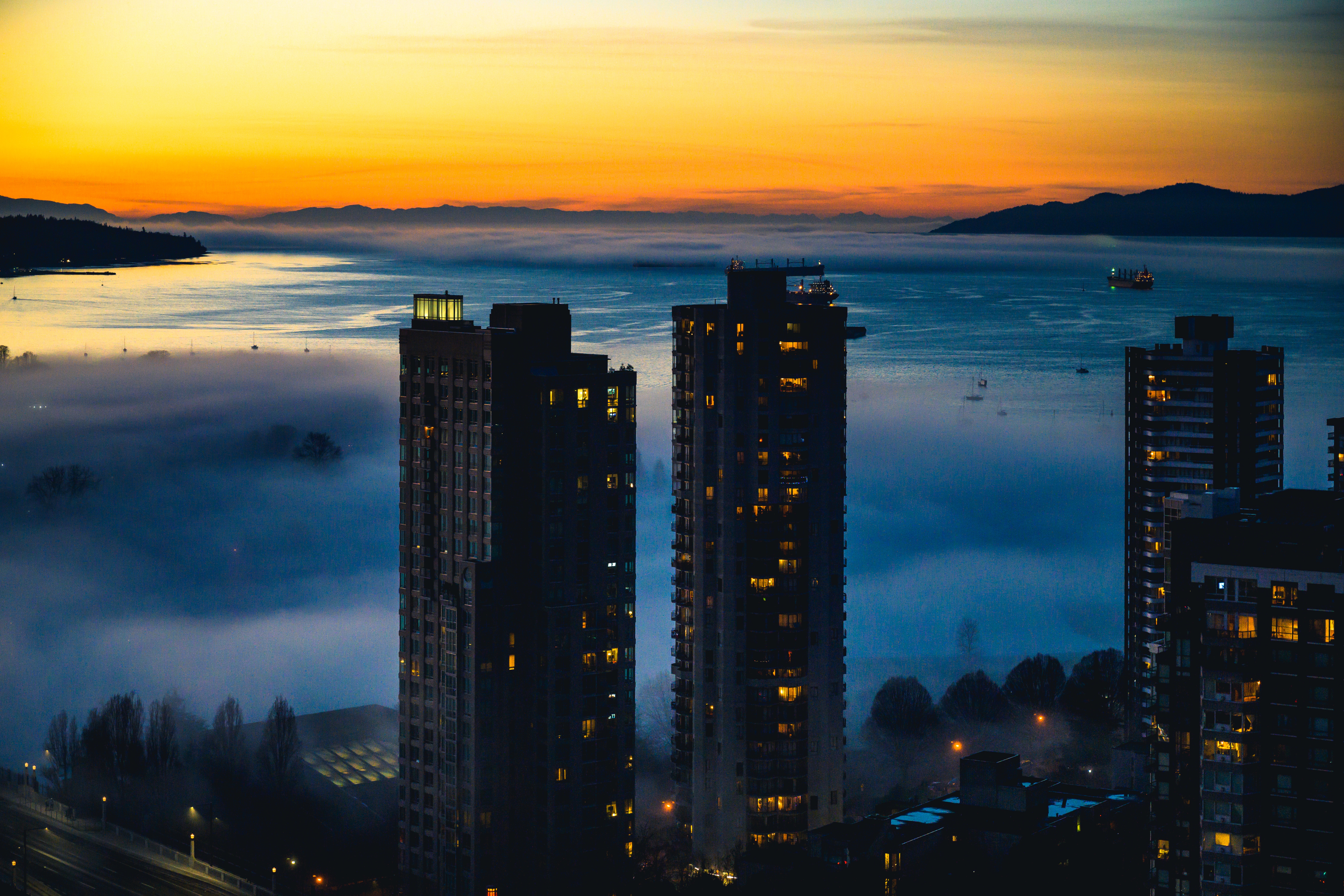 harbor, cities, twilight, city, building, fog, skyscrapers, dusk 1080p