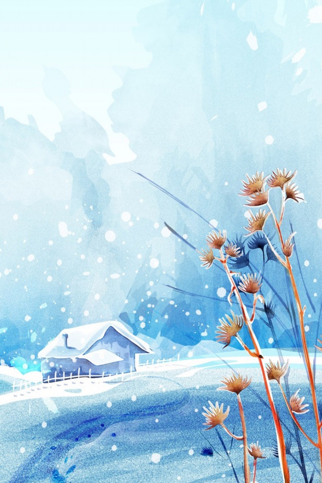 Скачати мобільні шпалери Зима, Сніг, Квітка, Малювання, Художній, Будинок безкоштовно.