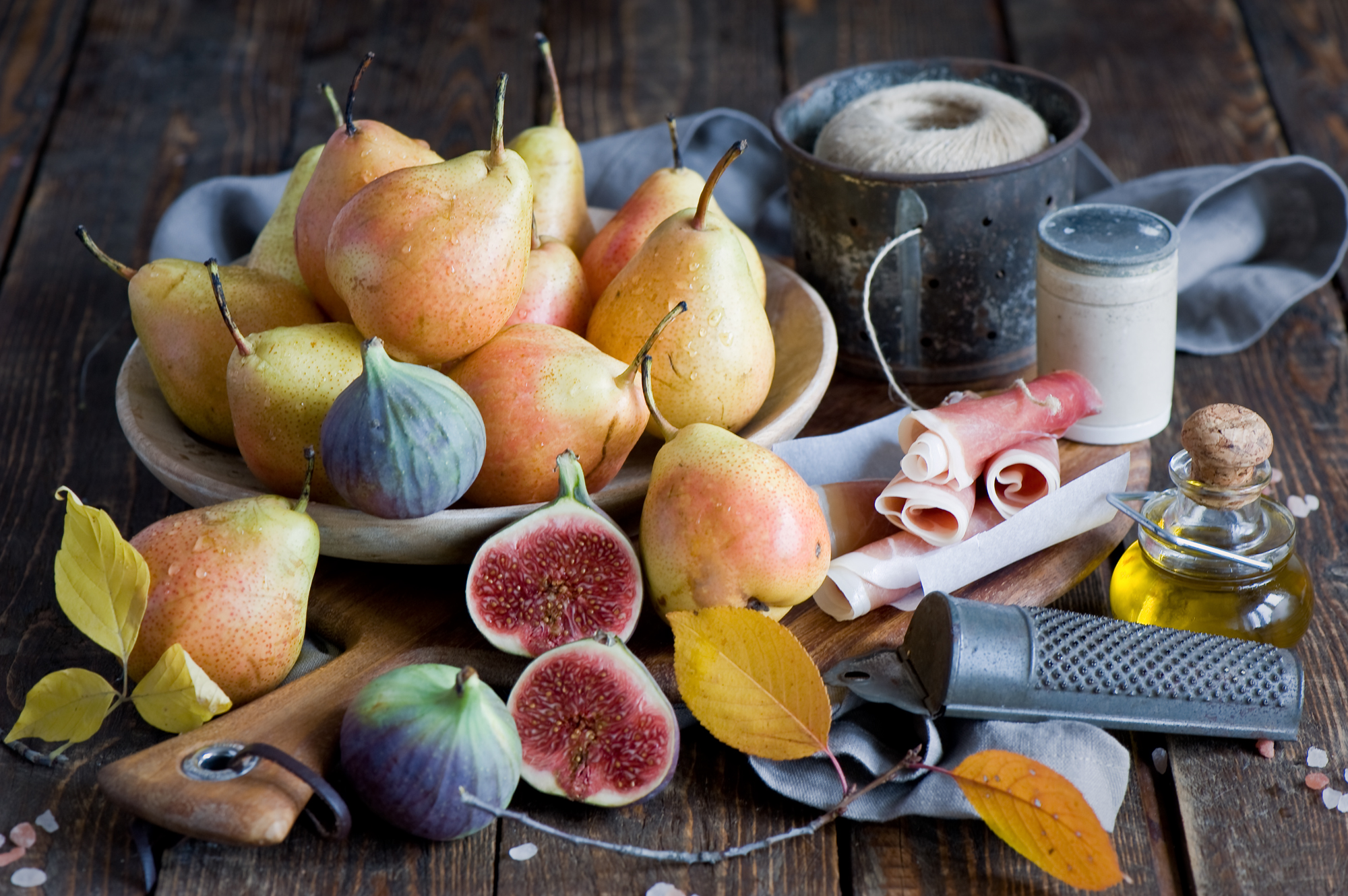 food, still life, fig, pear