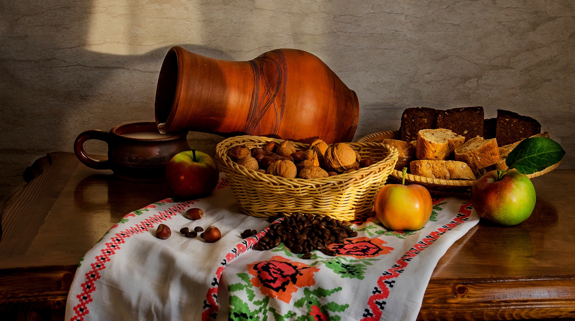 Download mobile wallpaper Apple, Still Life, Bread, Photography, Nut, Pitcher for free.