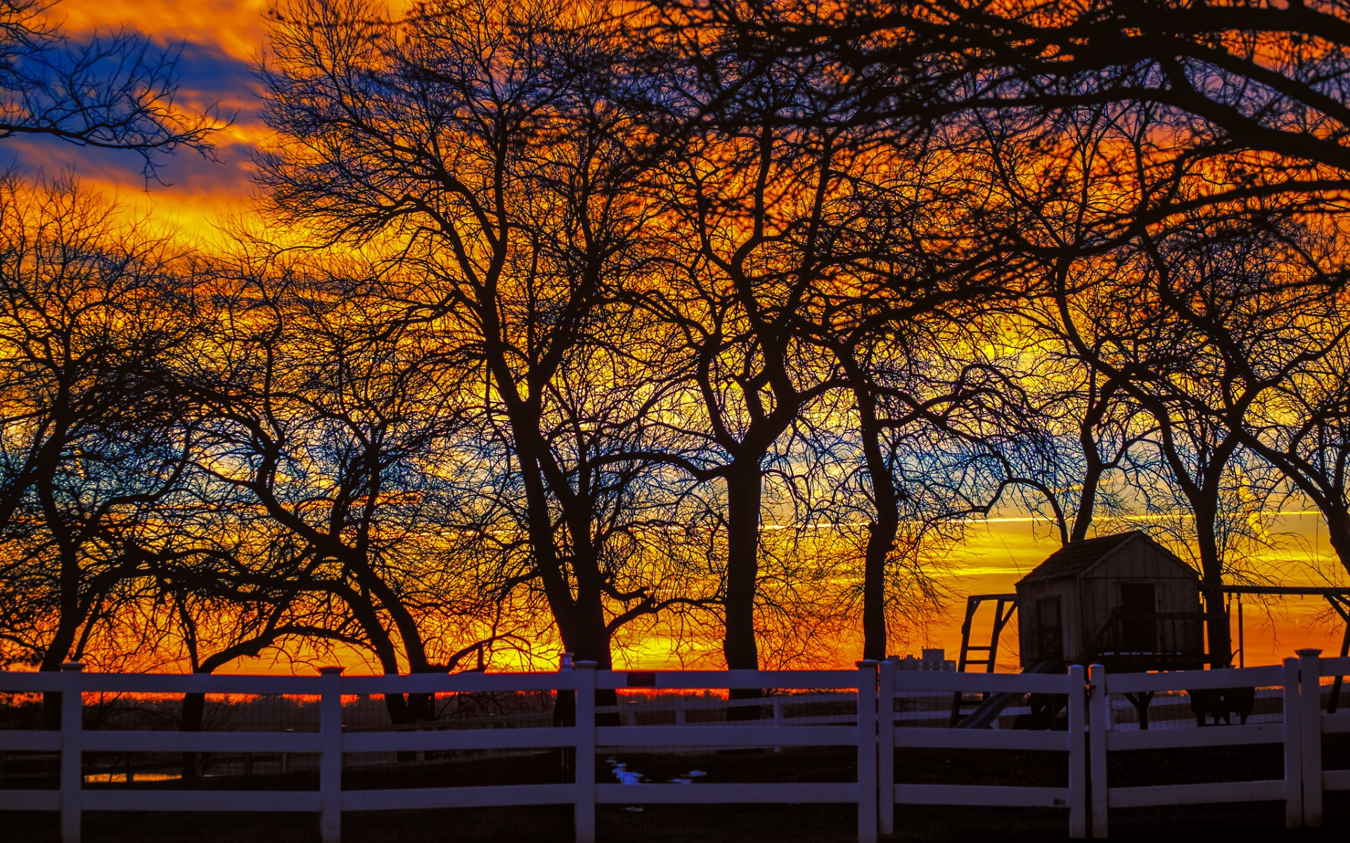Download mobile wallpaper Sunset, Building, Tree, Fence, Photography for free.