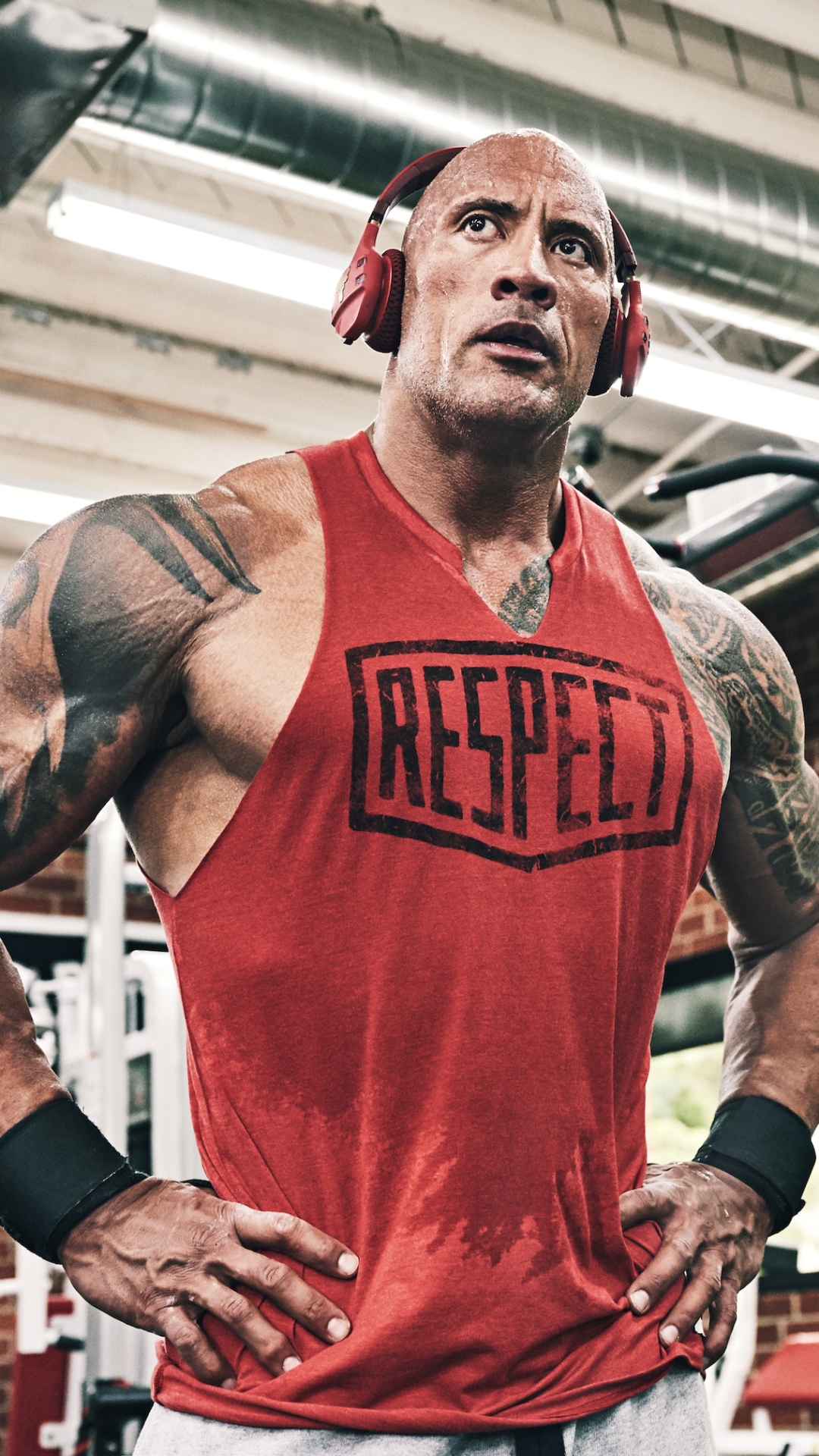Download mobile wallpaper Headphones, Dwayne Johnson, Tattoo, Muscle, American, Celebrity, Actor for free.