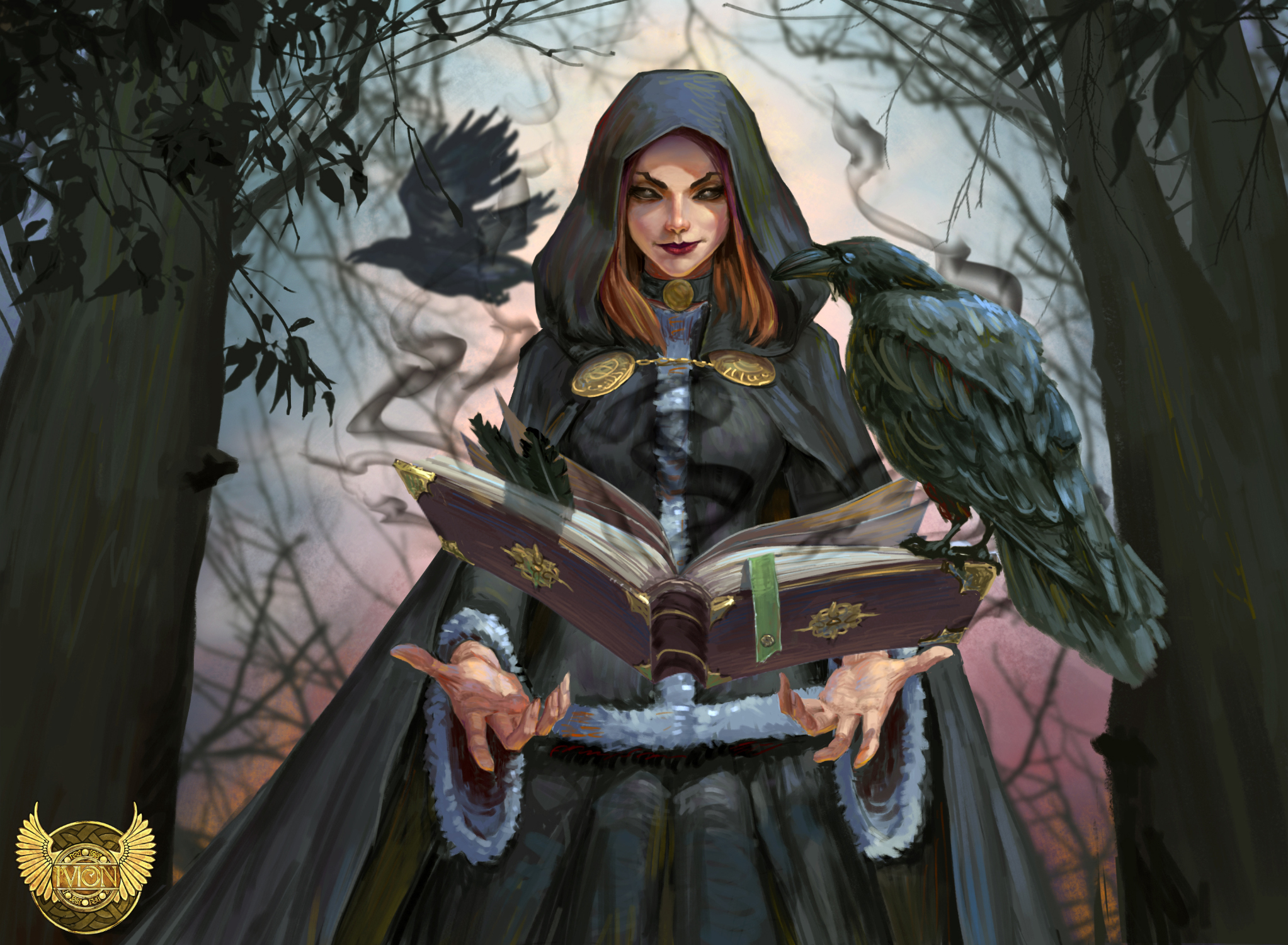 Download mobile wallpaper Magic, Fantasy, Book, Hood, Crow, Witch, Lipstick for free.