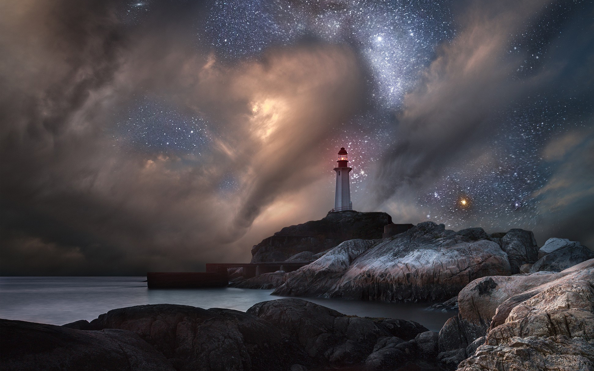 Download mobile wallpaper Sky, Sea, Night, Building, Ocean, Starry Sky, Lighthouse, Man Made for free.