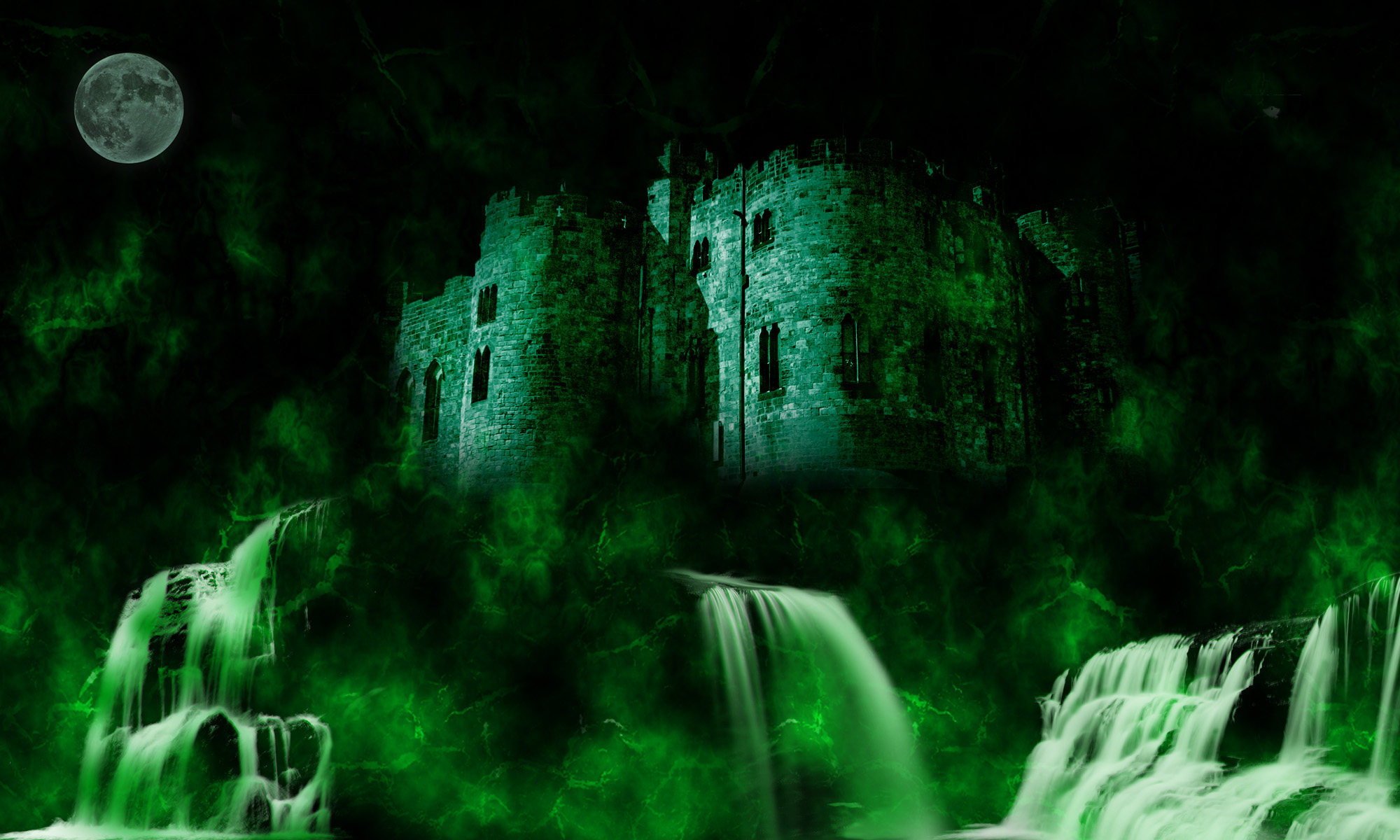 Download mobile wallpaper Fantasy, Castle, Castles, Waterfall, Moon, Fog for free.